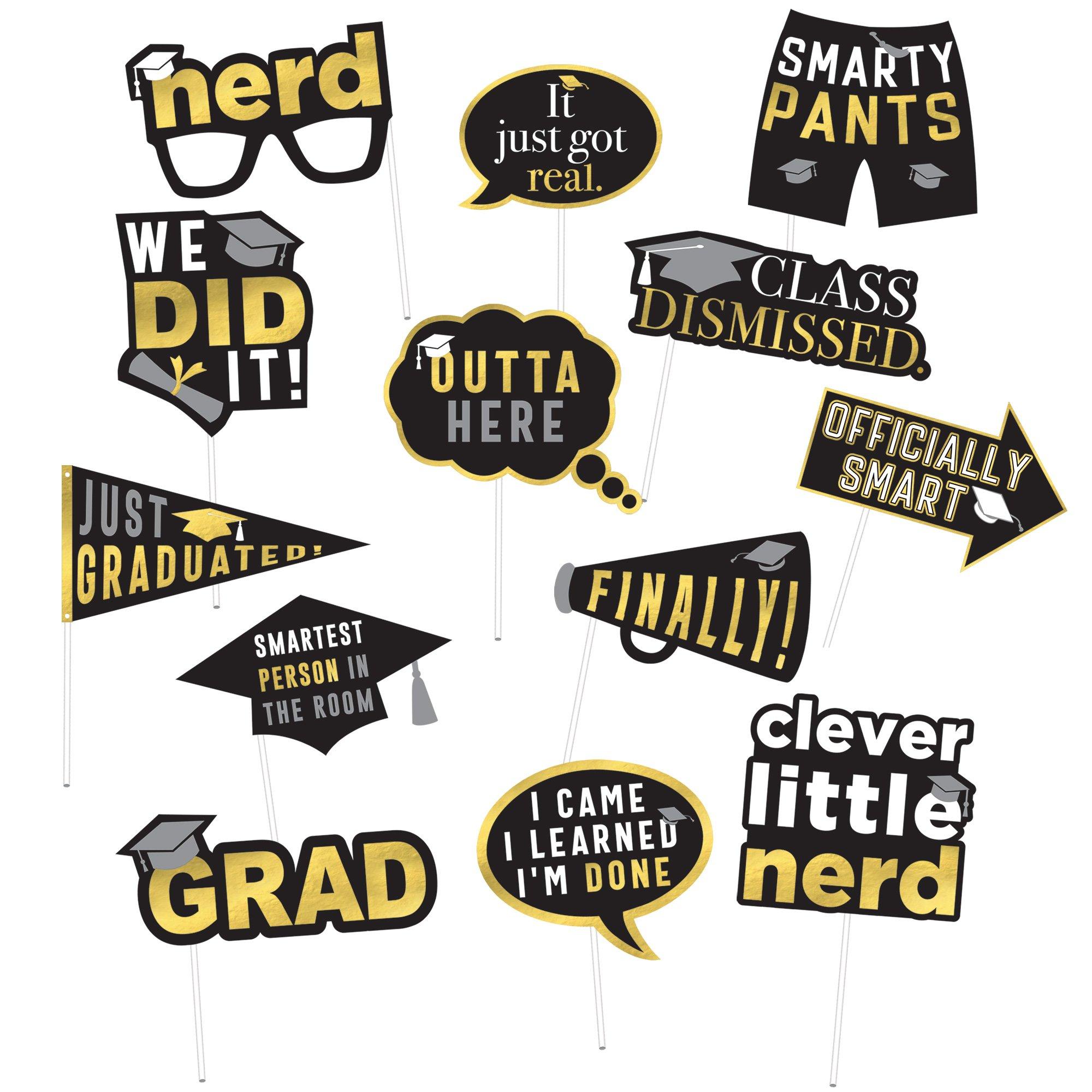 Black, Silver & Gold Graduation Photo Props, 13pc