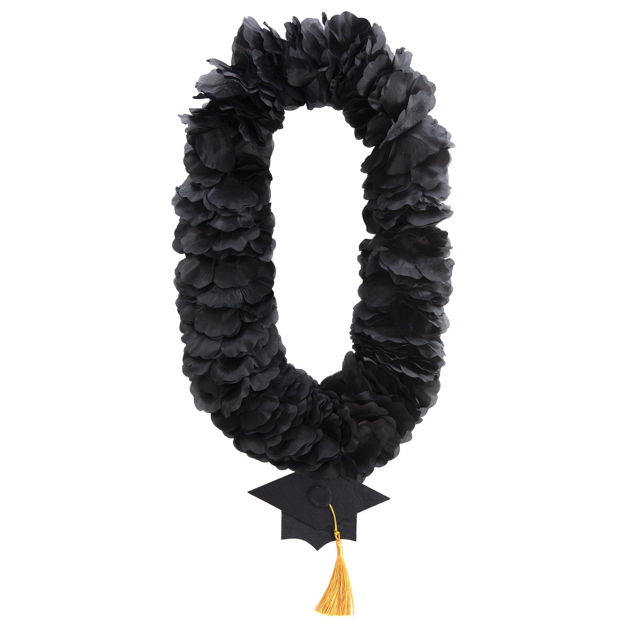 Black & Gold Grad Cap Fabric Flower Lei, 20in