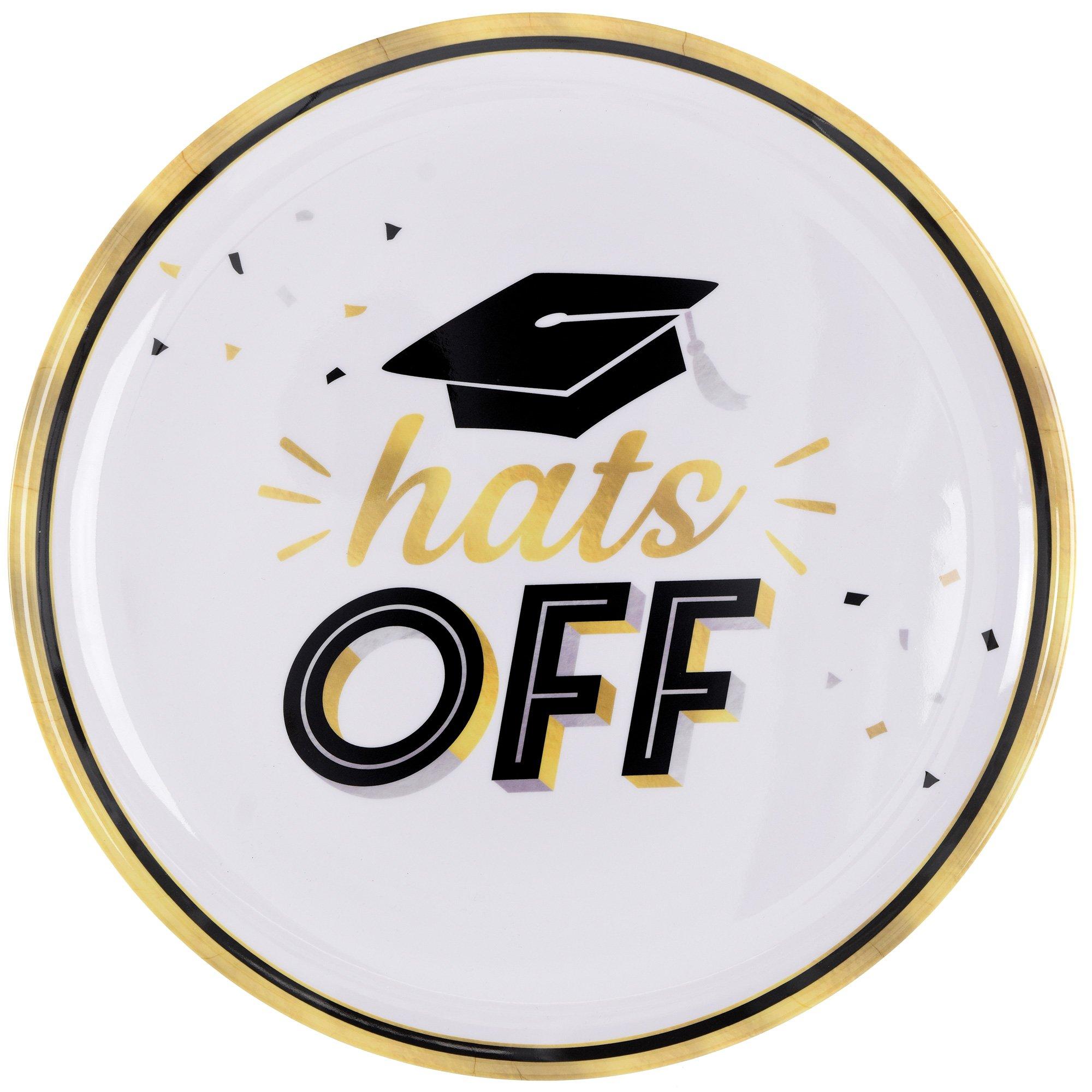 Black & Gold Hats Off Graduation Melamine Round Platter, 13.5in