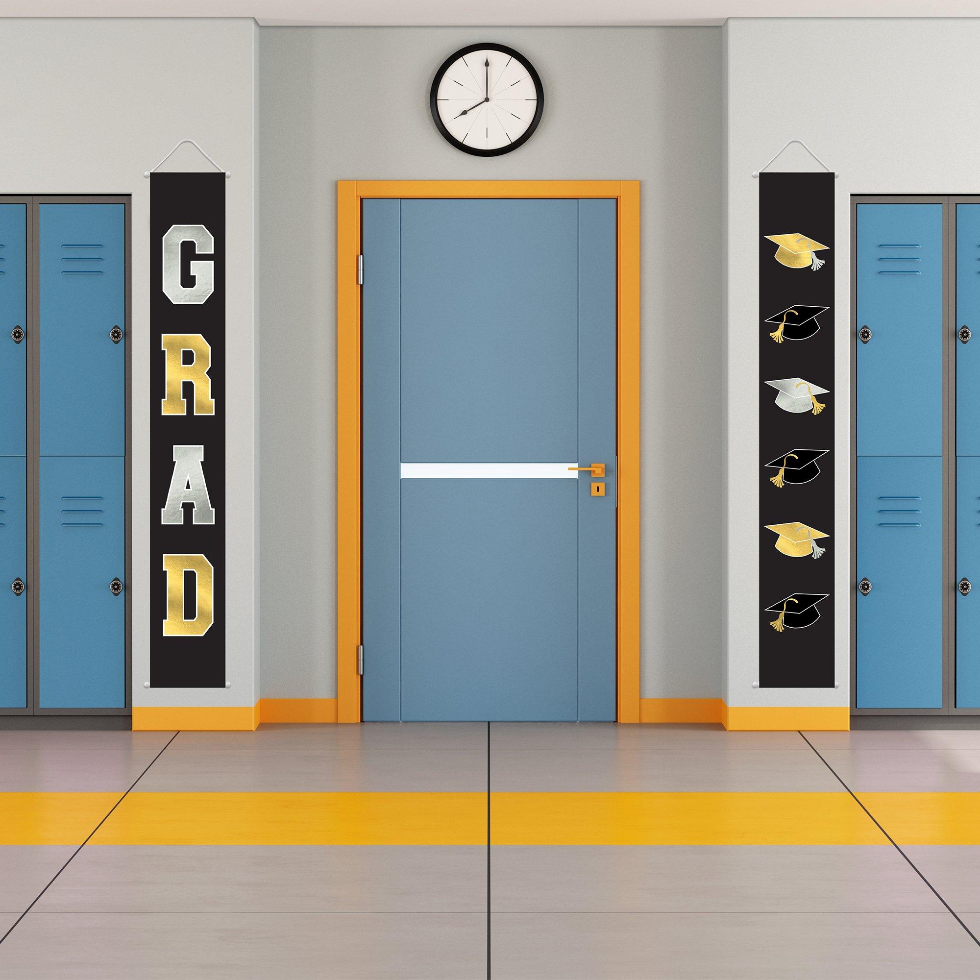 Black, Silver & Gold Graduation Fabric Vertical Banners, 1.1ft x 6ft, 2ct