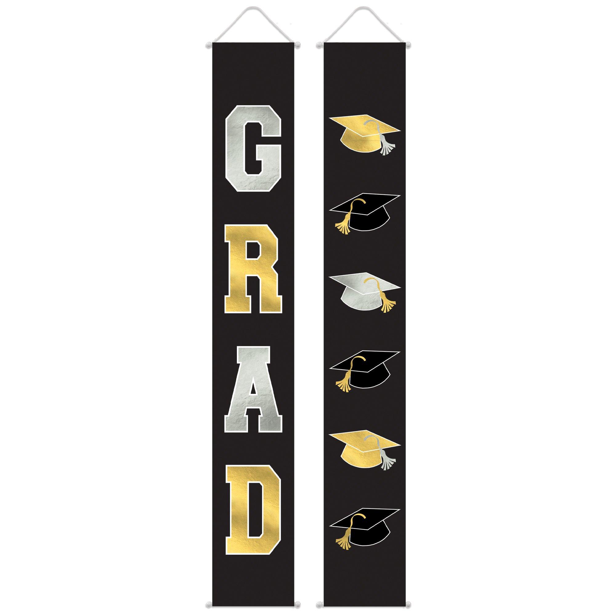 Black, Silver & Gold Graduation Fabric Vertical Banners, 1.1ft x 6ft, 2ct