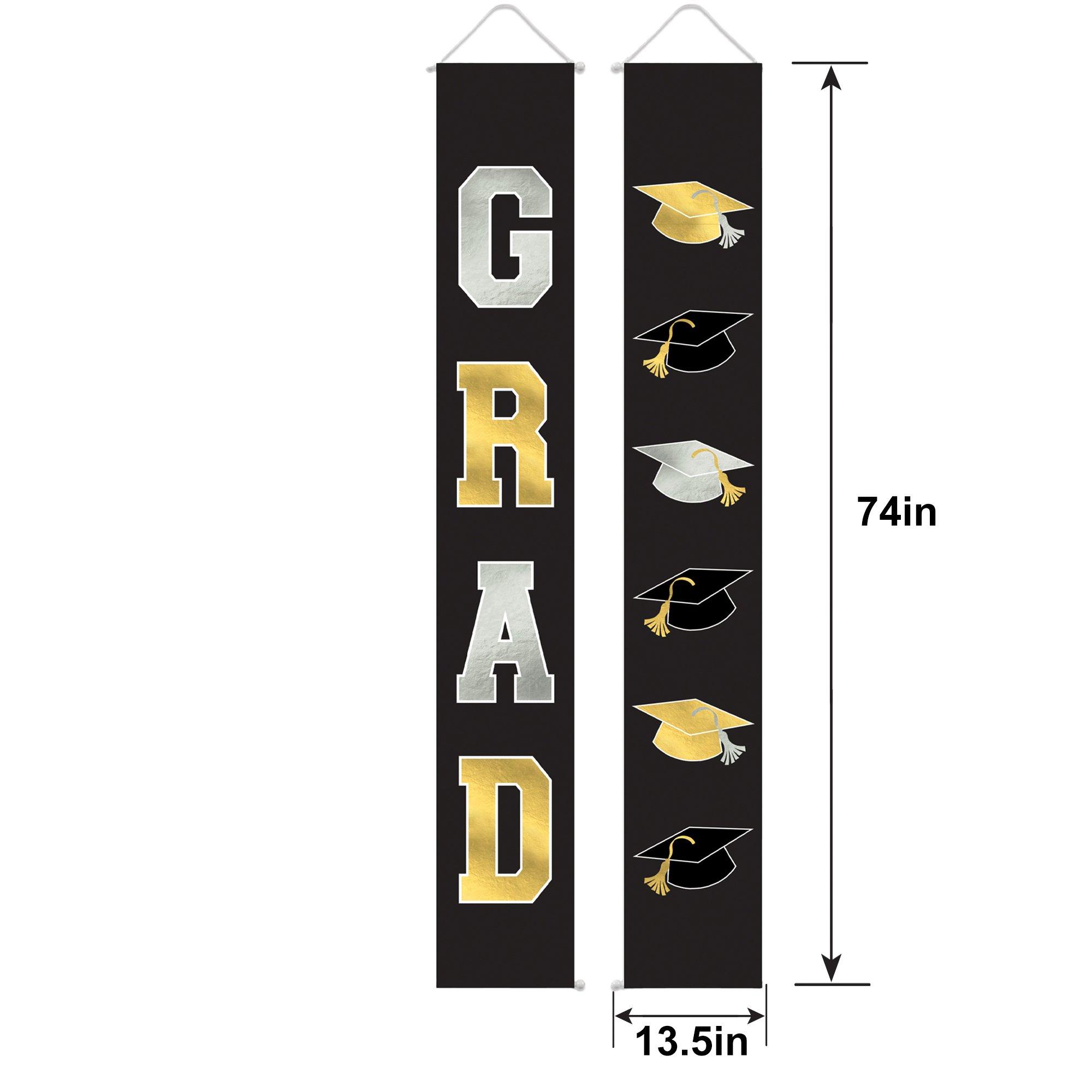Black, Silver & Gold Graduation Fabric Vertical Banners, 1.1ft x 6ft, 2ct