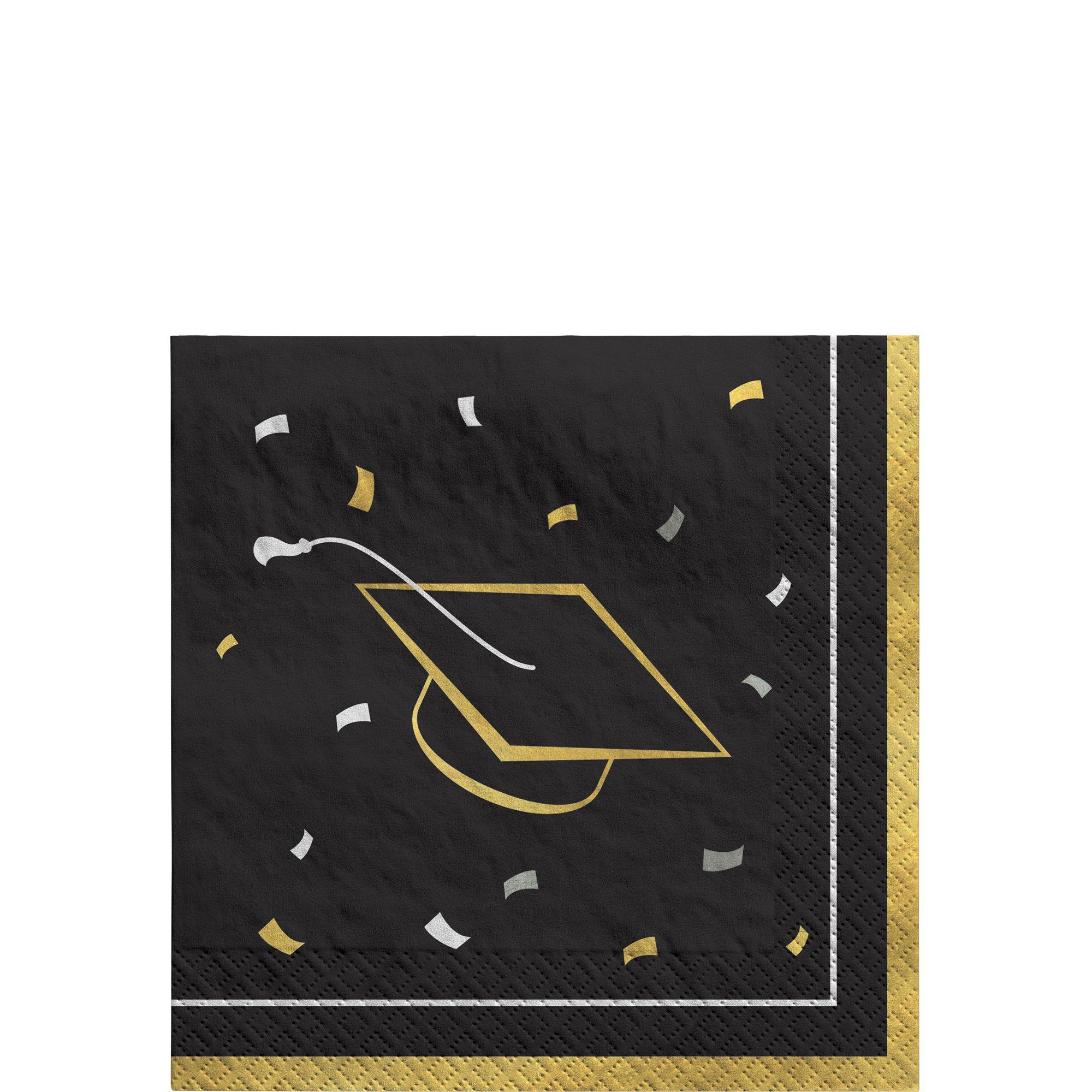 Black, Silver & Gold Grad Cap & Confetti Paper Beverage Napkins, 5in, 40ct - Class Dismissed