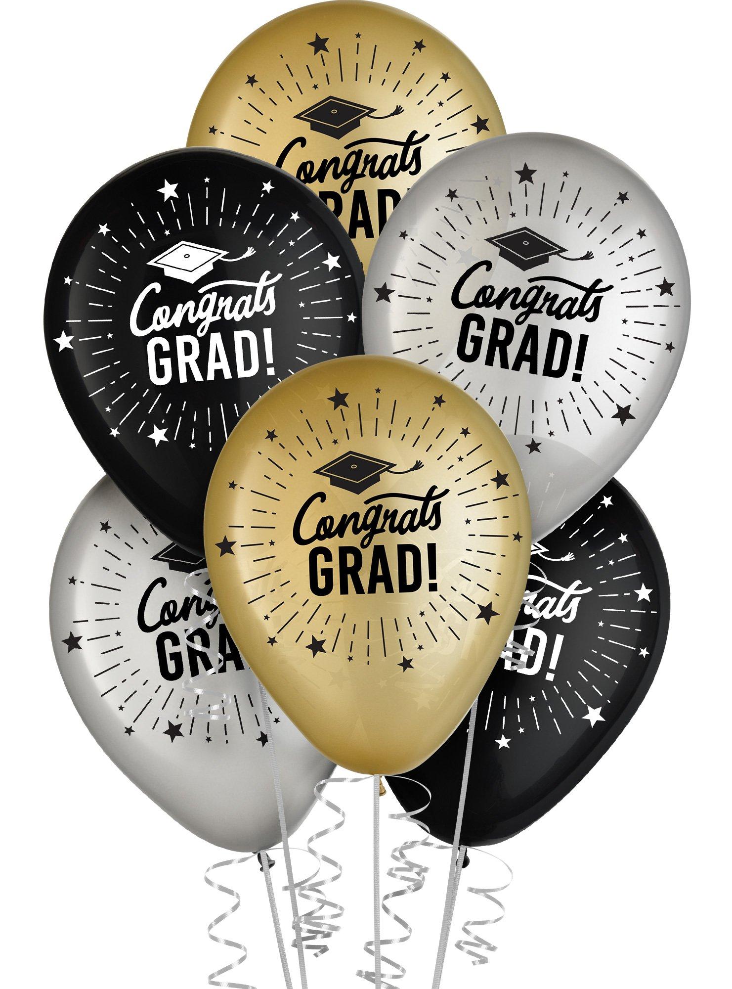 15ct, 12in, Black, Silver & Gold Congrats Grad Latex Balloons