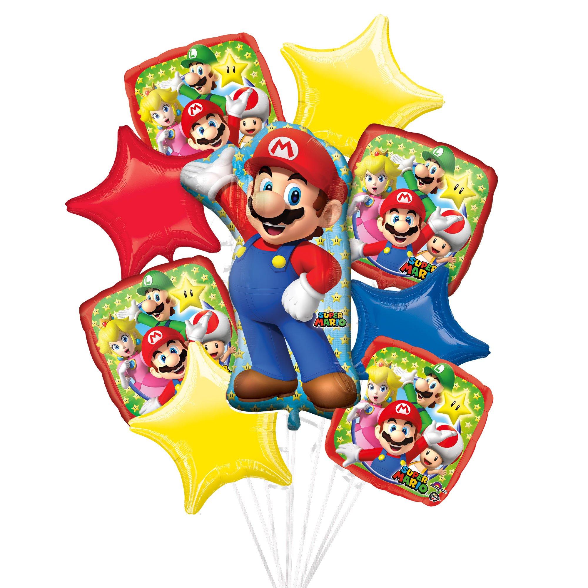 Party City Deluxe Super Mario Foil Balloon Bouquet, 9pc Birthday Party Supplies