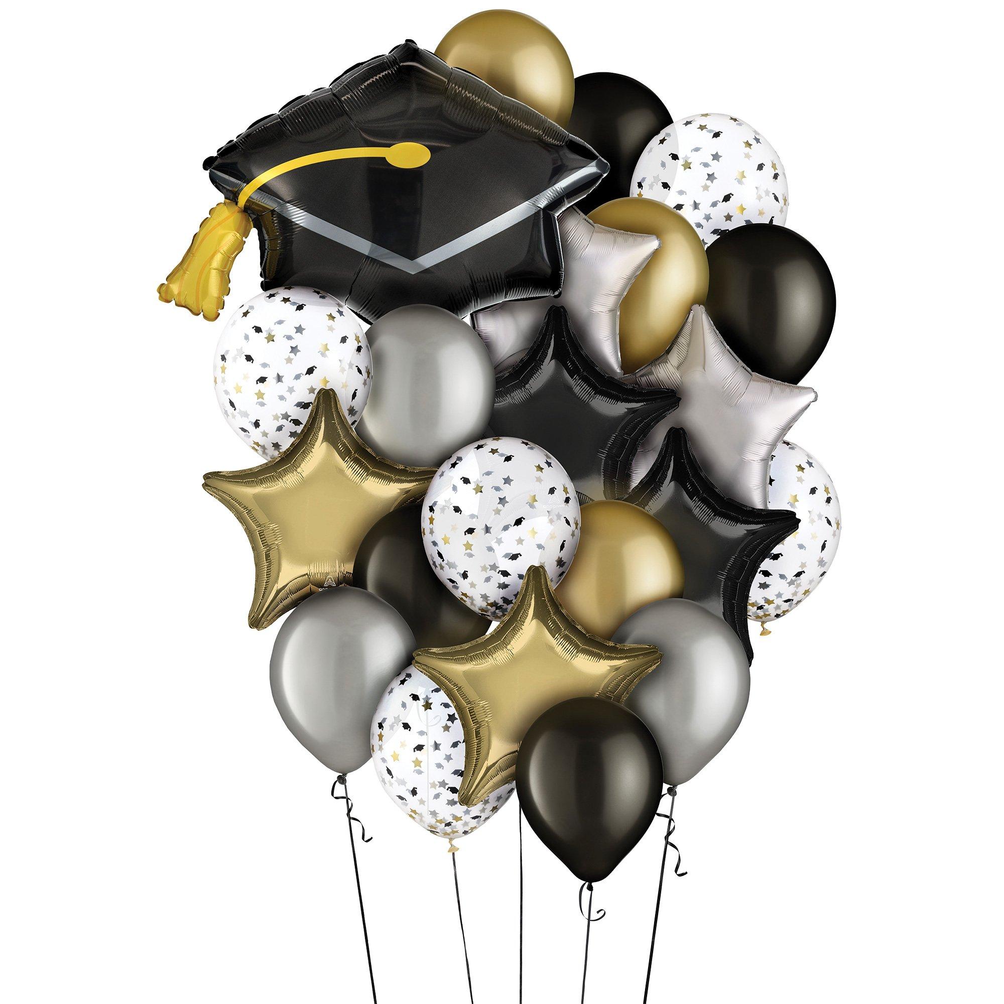 Black, Silver & Gold Graduation Foil & Latex Balloon Bouquet, 22pc