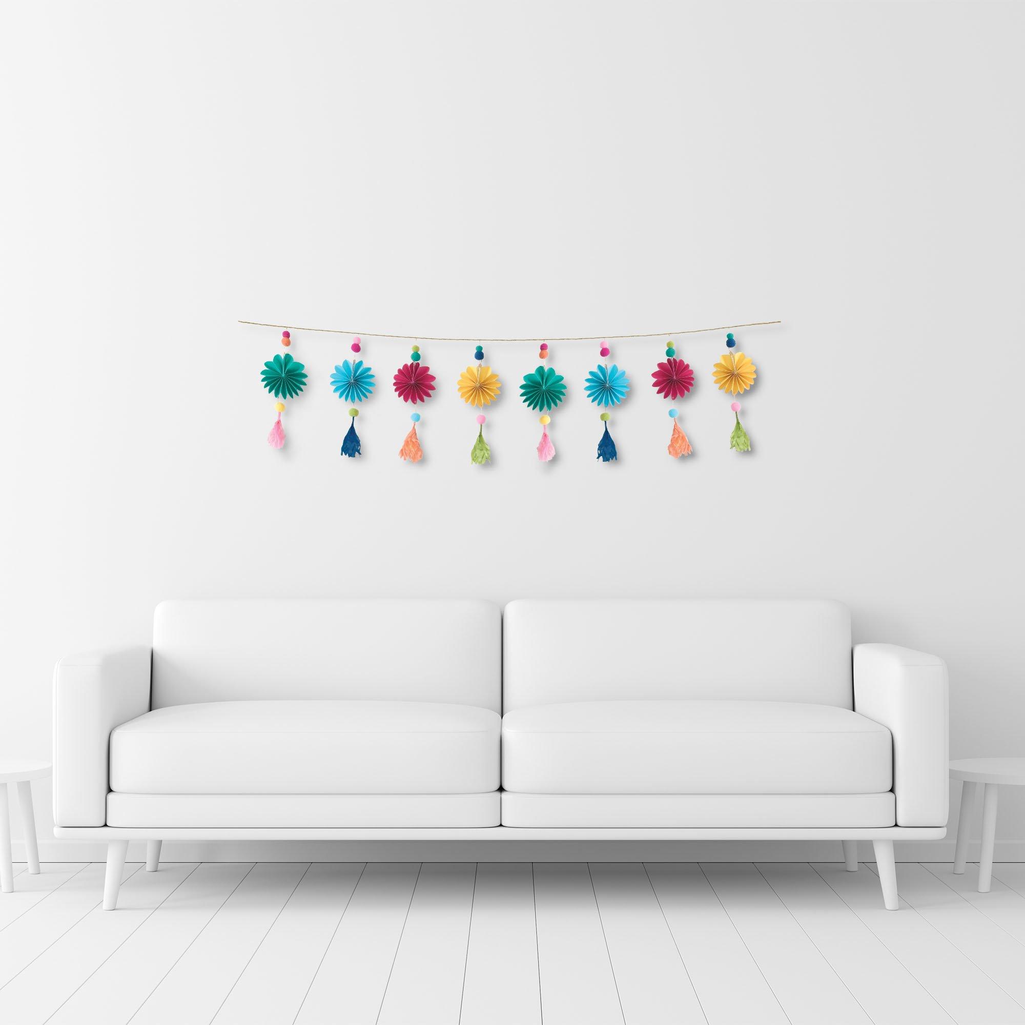 Boho Paper Fan & Pom Pom Tassel Garland, 5.3ft