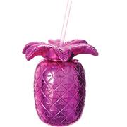 Metallic Pink Pineapple Plastic Cup with Straw, 18oz