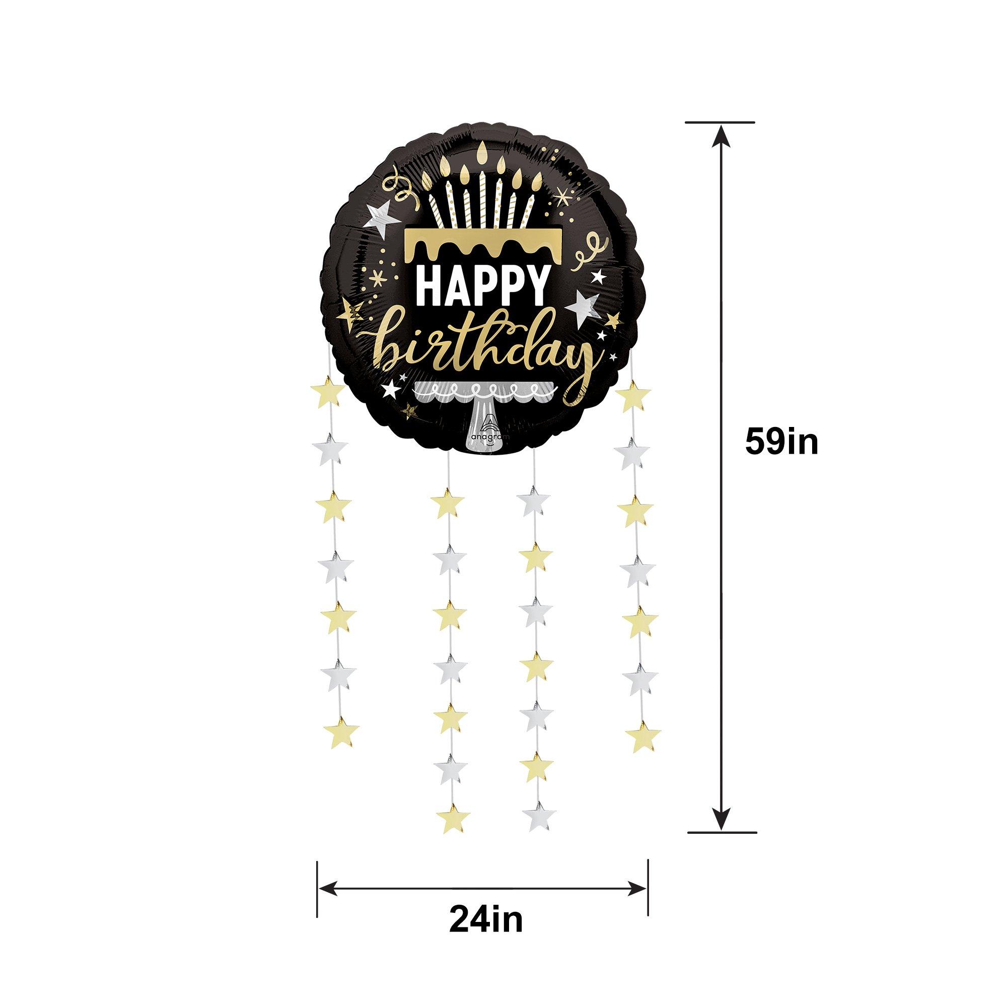 Black, Silver & Gold Happy Birthday Cake Dangling Star Foil Balloon, 24in x 59in