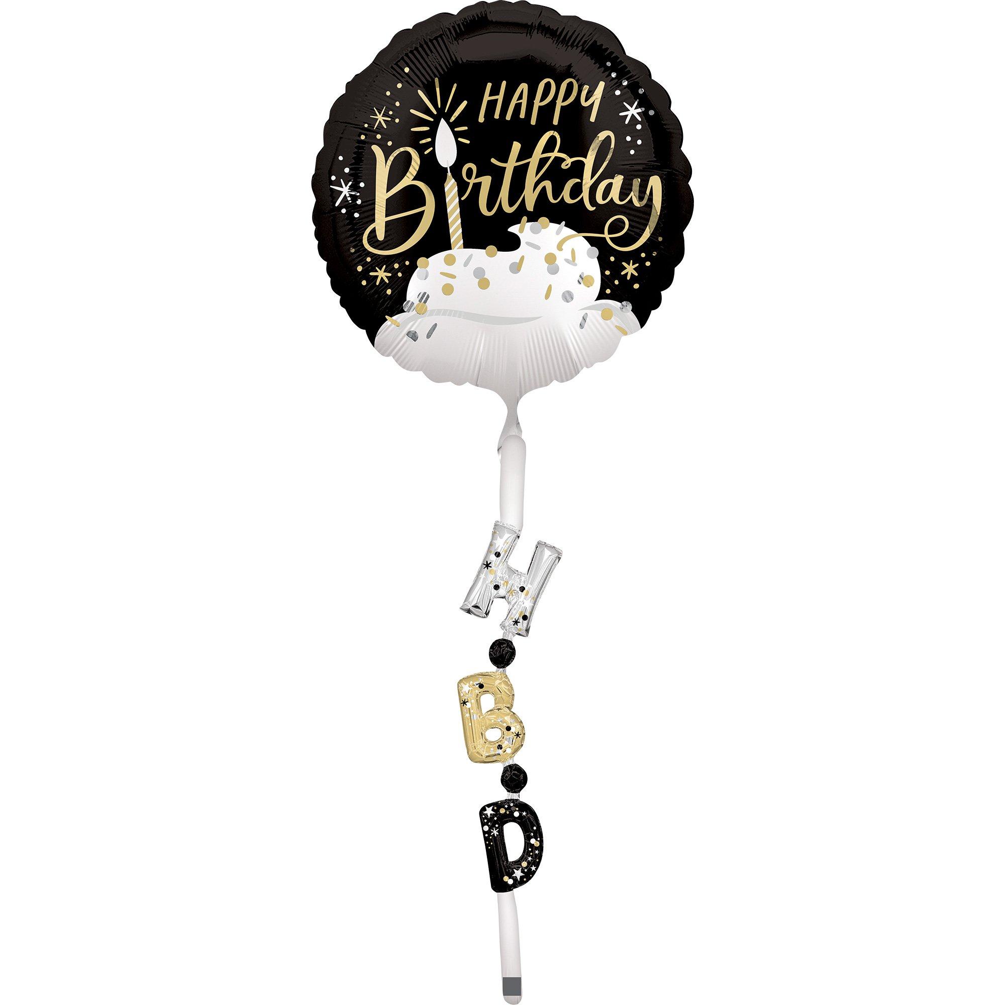 Satin Black, Silver & Gold Happy Birthday Foil Balloon (24in) with Balloon Tail (3.75ft)