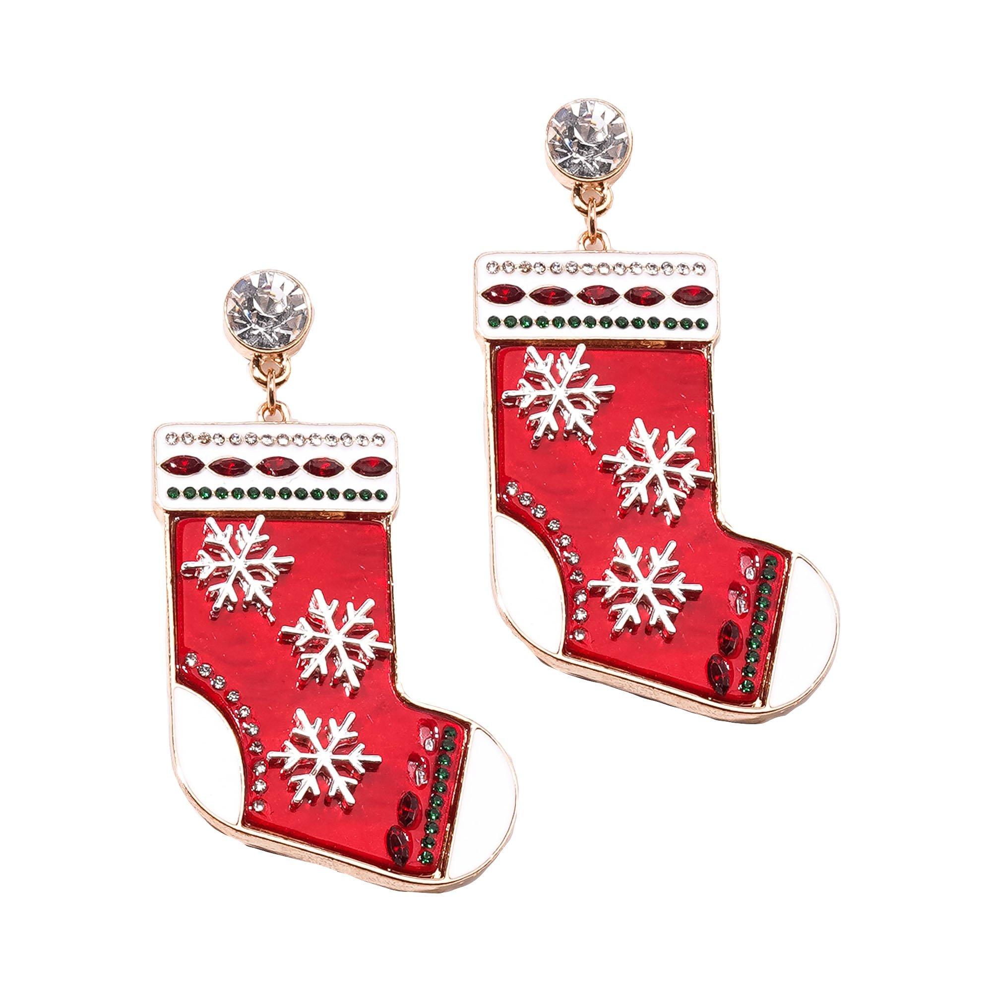 Christmas Stocking Enamel, Rhinestone & Acetate Drop Earrings