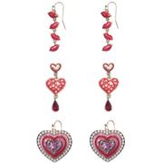 Lips, Pavé Hearts & Faux Pearl Hearts Valentine's Day Earring Set, 3 Pairs