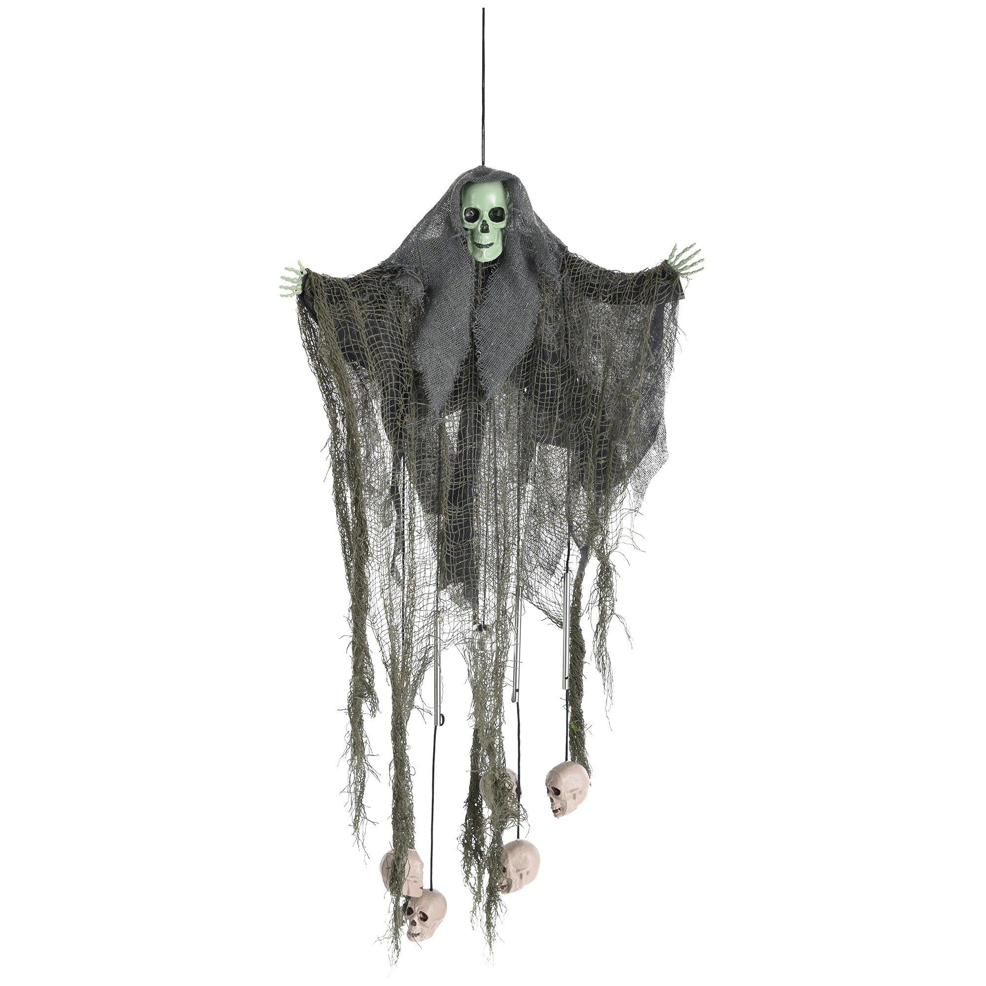 Mutated Forest Skull Hanging Decoration with Bamboo Windchimes, 24in