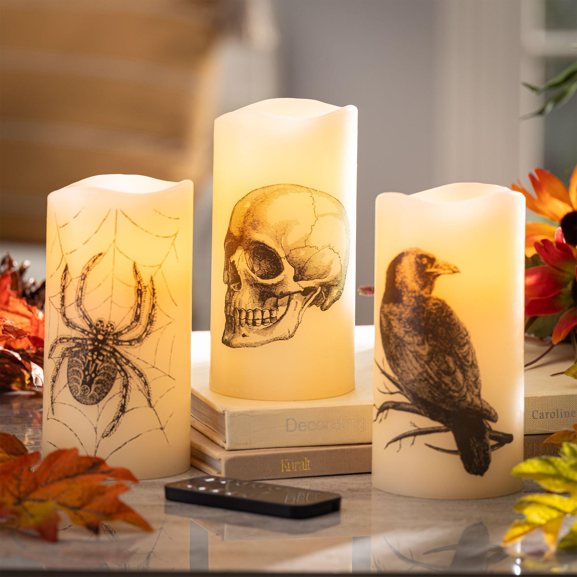 Light-Up LED Wax Halloween Pillar Candles, 3in x 6in, 3ct