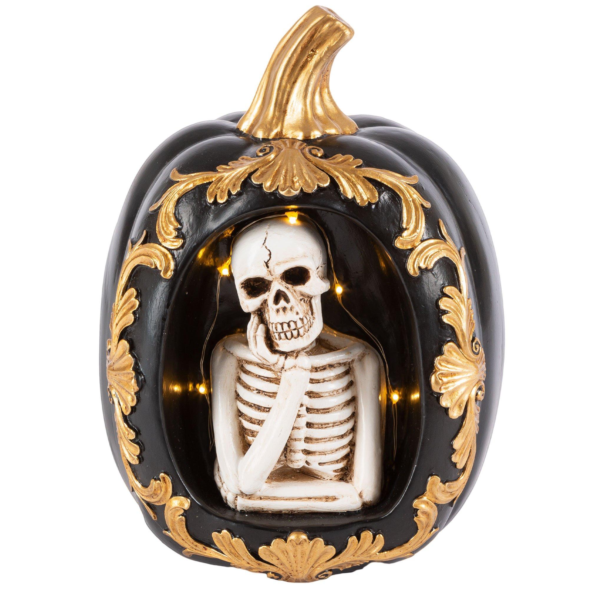 Light-Up Metallic Gold & Black LED Skeleton Pumpkin Decoration, 5.7in x 8.5in