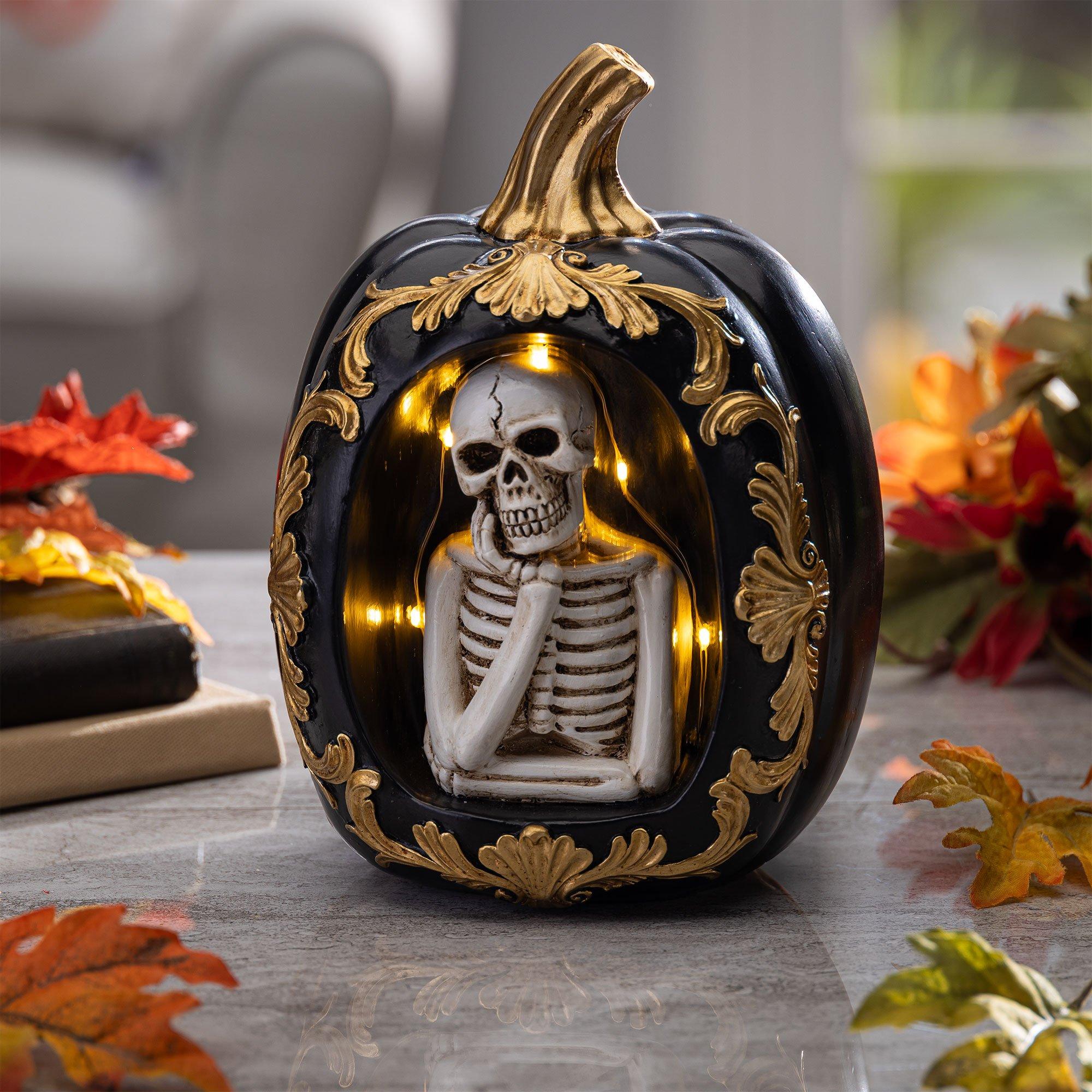 Light-Up Metallic Gold & Black LED Skeleton Pumpkin Decoration, 5.7in x 8.5in