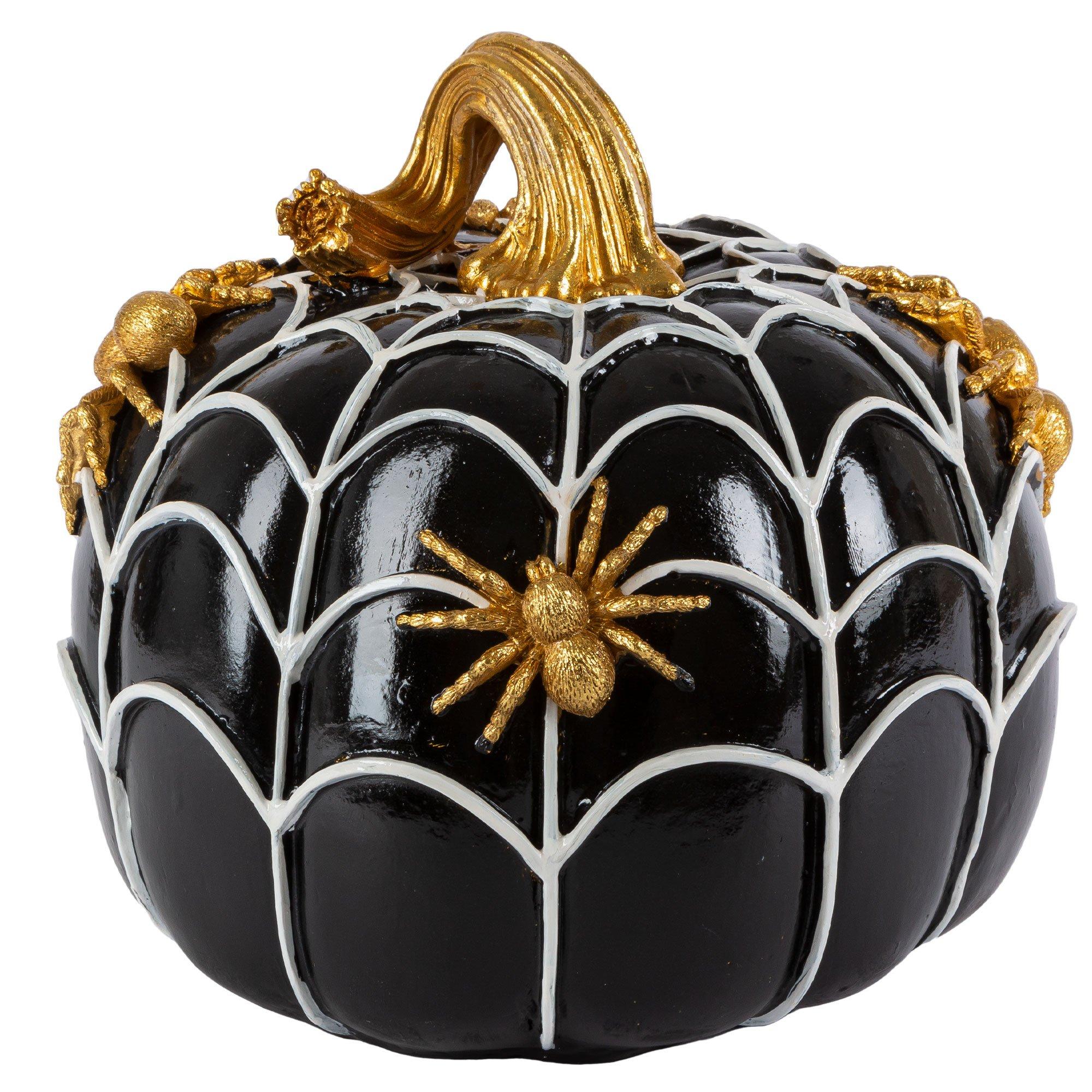 Metallic Gold Spider & Black Pumpkin Stone Resin Decoration, 8.5in x 8.5in