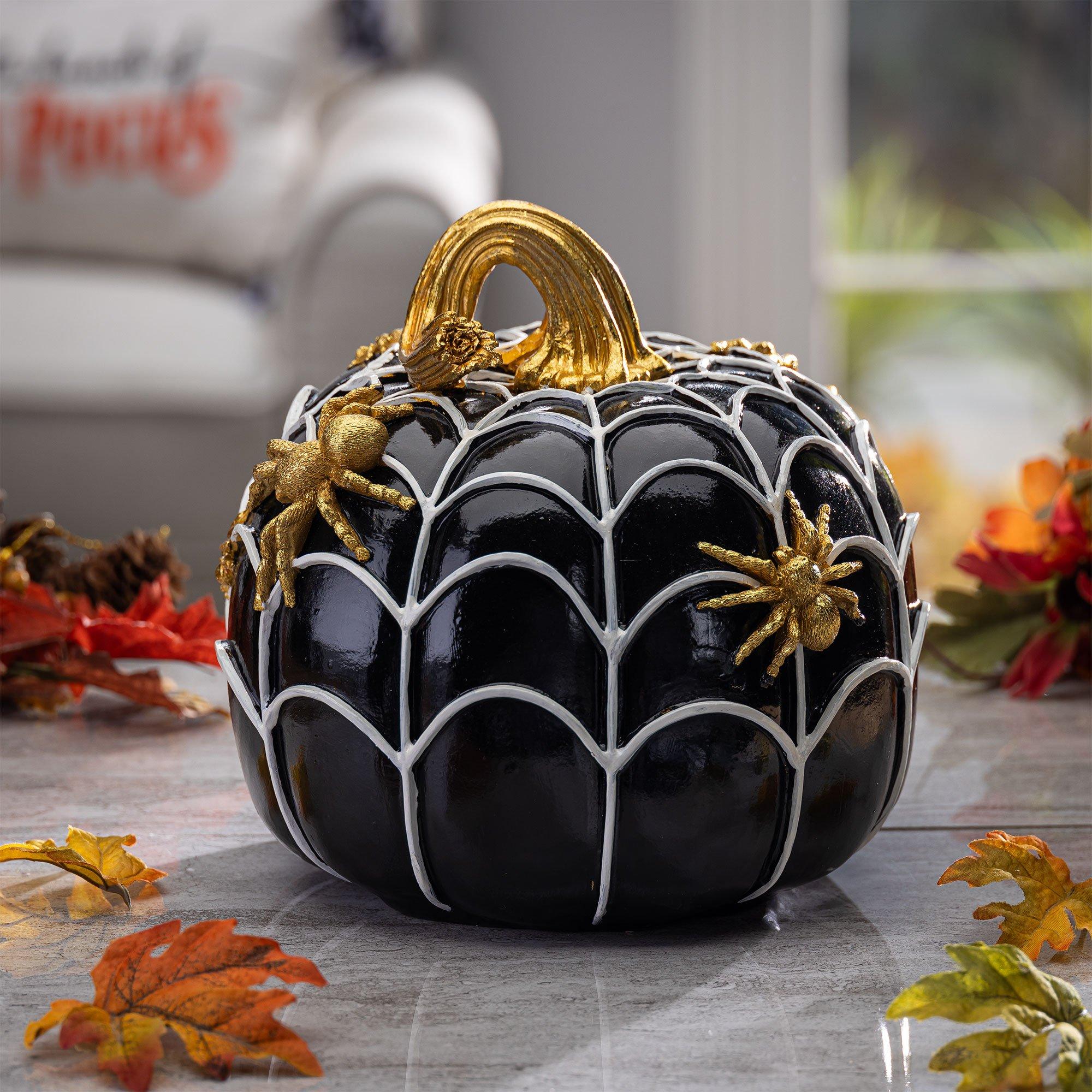 Metallic Gold Spider & Black Pumpkin Stone Resin Decoration, 8.5in x 8.5in