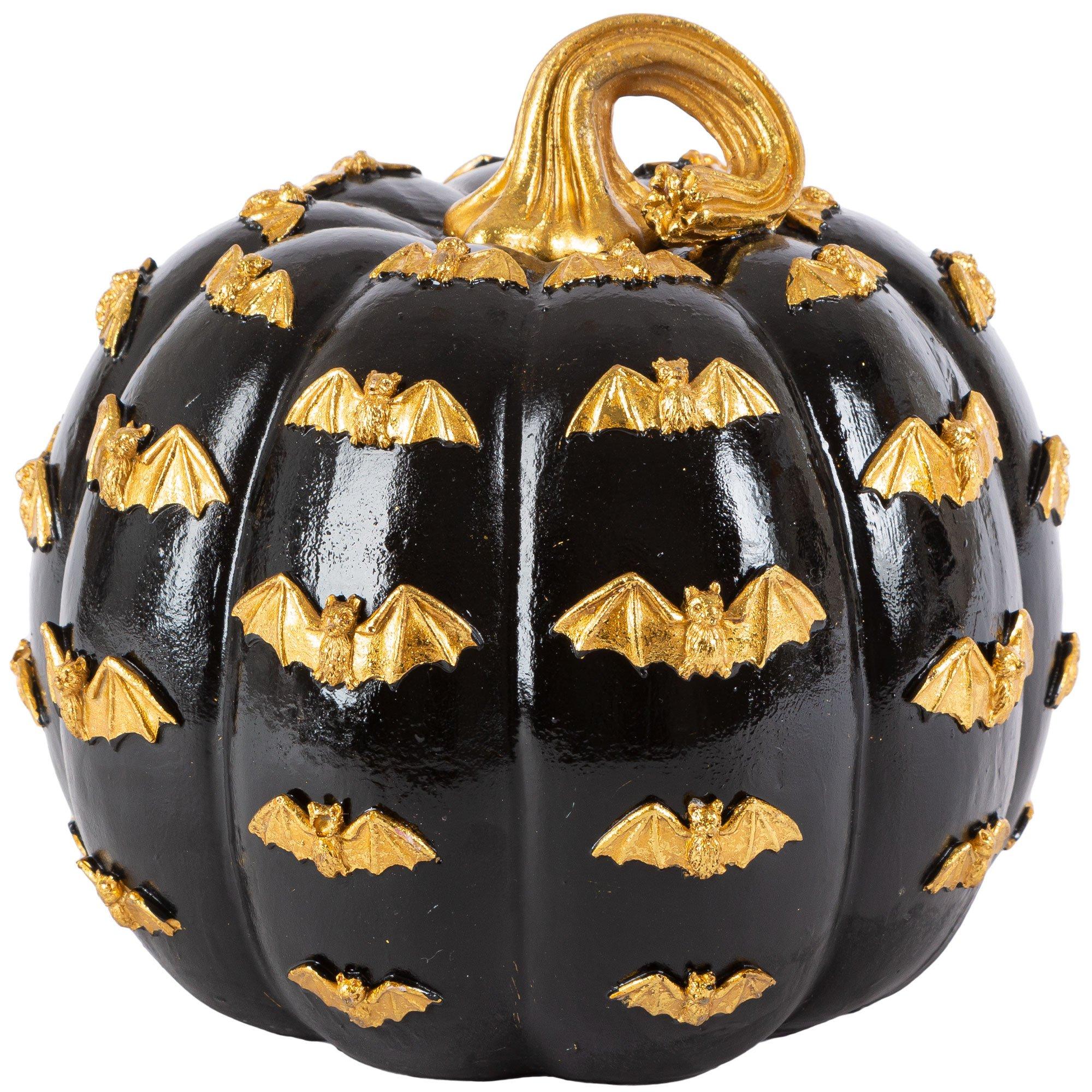 Metallic Gold Bat & Black Pumpkin Stone Resin Decoration, 7.3in x 6.5in