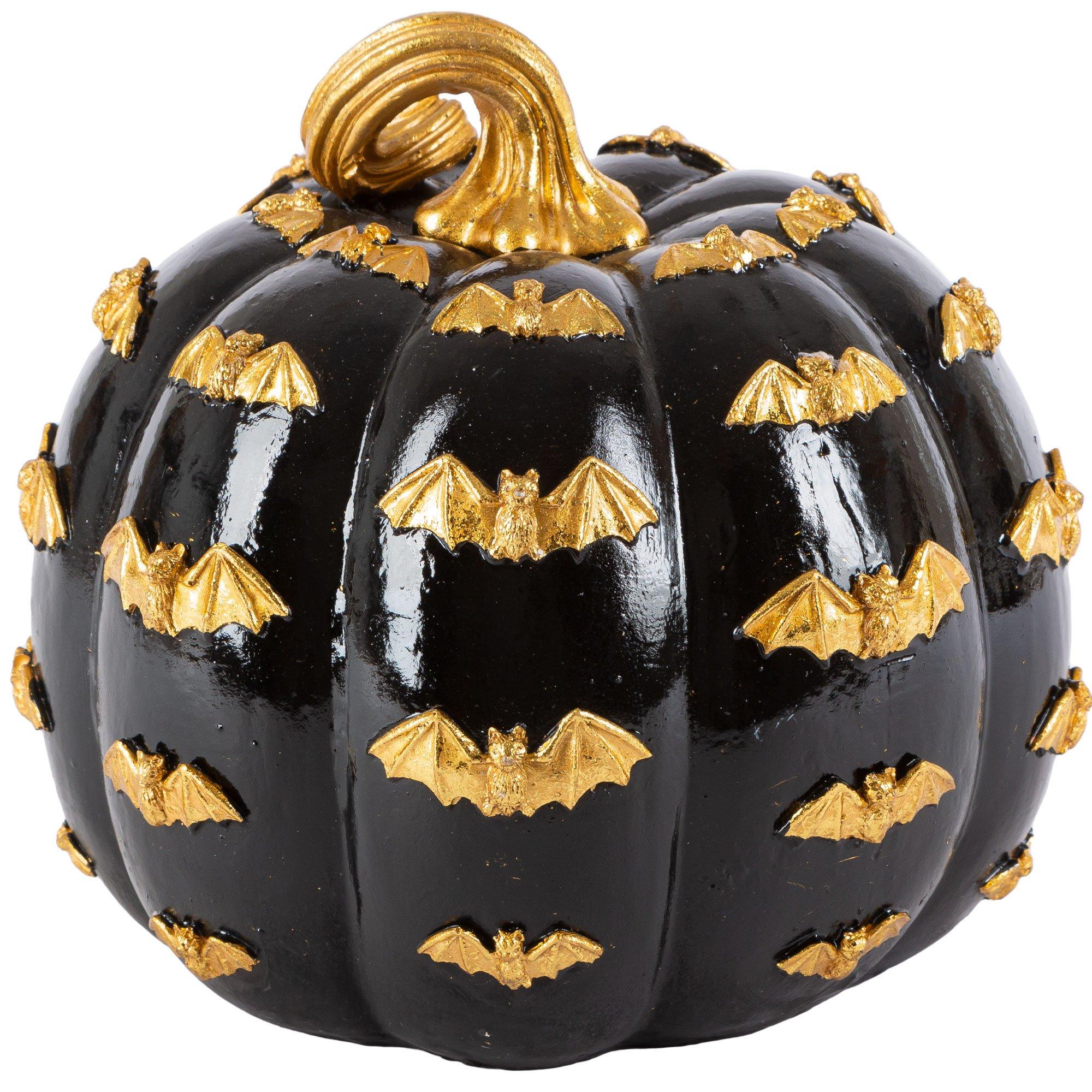 Metallic Gold Bat & Black Pumpkin Stone Resin Decoration, 7.3in x 6.5in