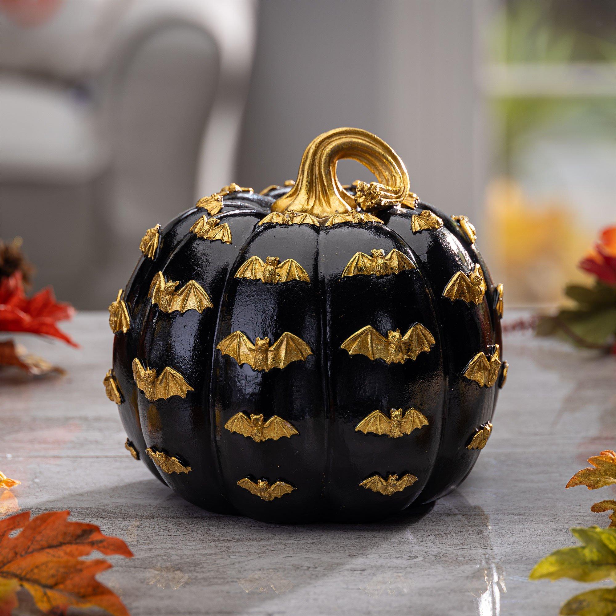 Metallic Gold Bat & Black Pumpkin Stone Resin Decoration, 7.3in x 6.5in