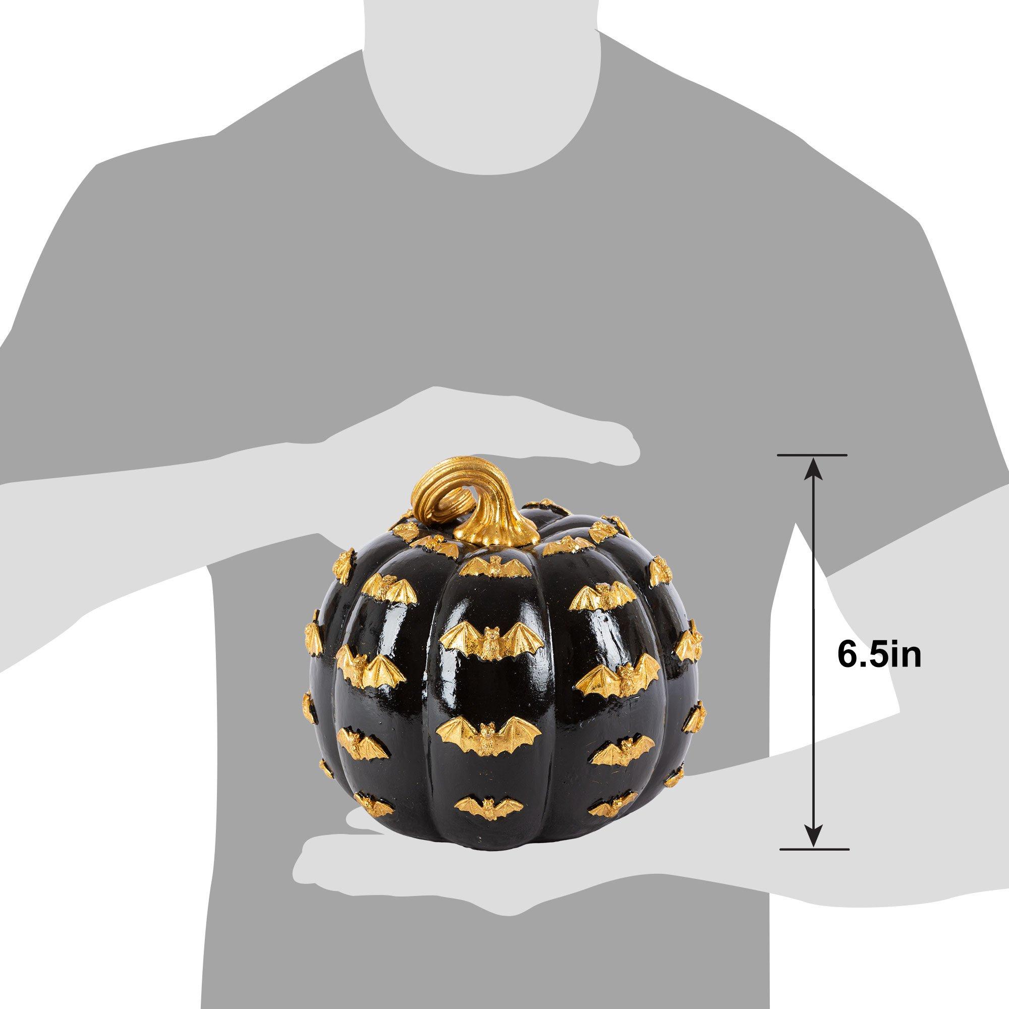 Metallic Gold Bat & Black Pumpkin Stone Resin Decoration, 7.3in x 6.5in