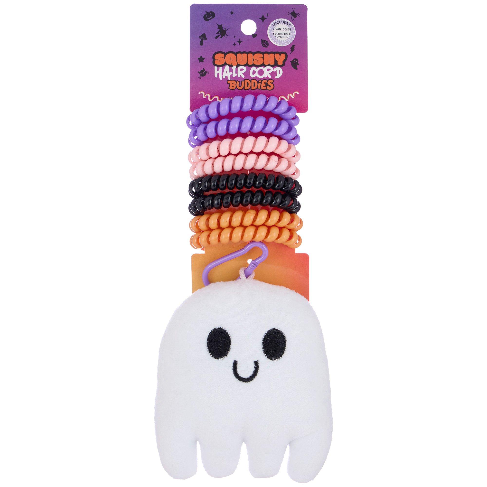 Squishy Hair Cord Halloween Buddies, 8ct, with Clip-On Ghost Plush