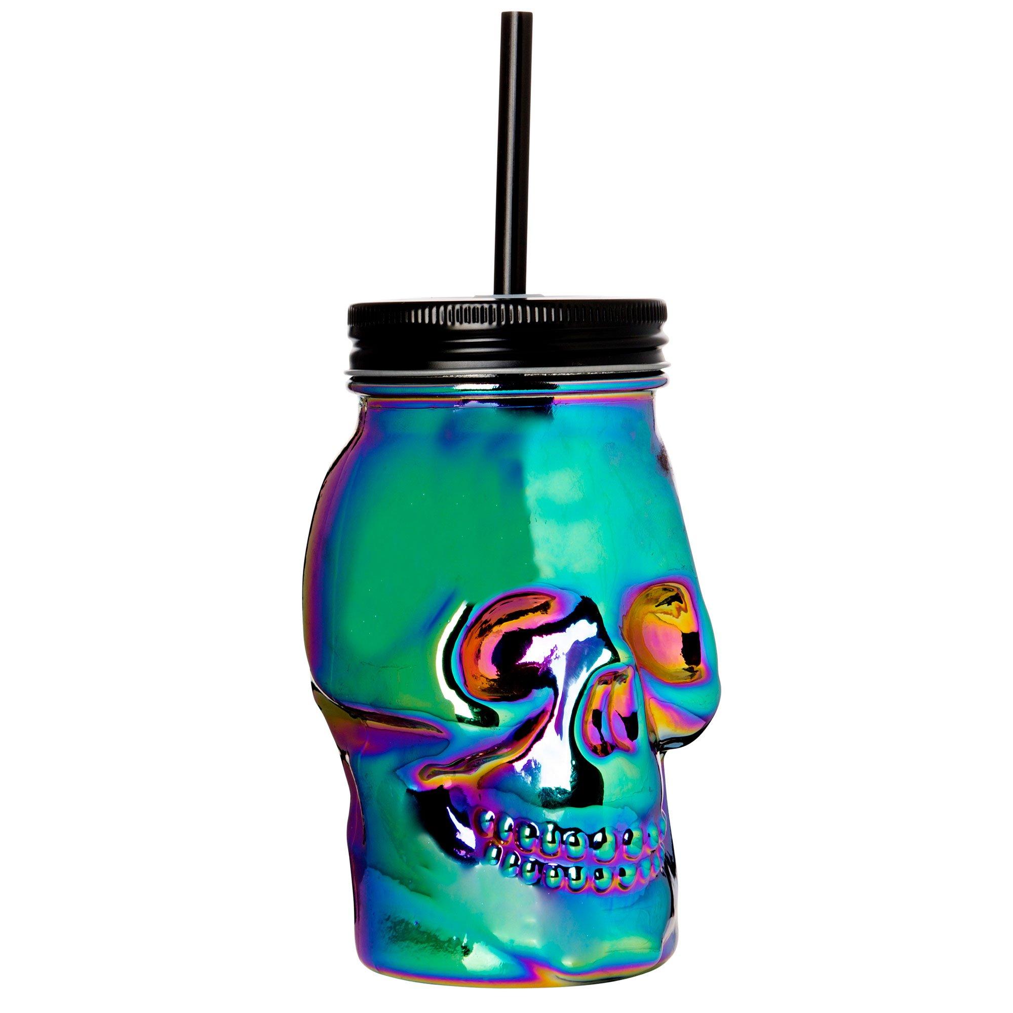 Iridescent Glass Skull Cup with Straw, 16.9oz