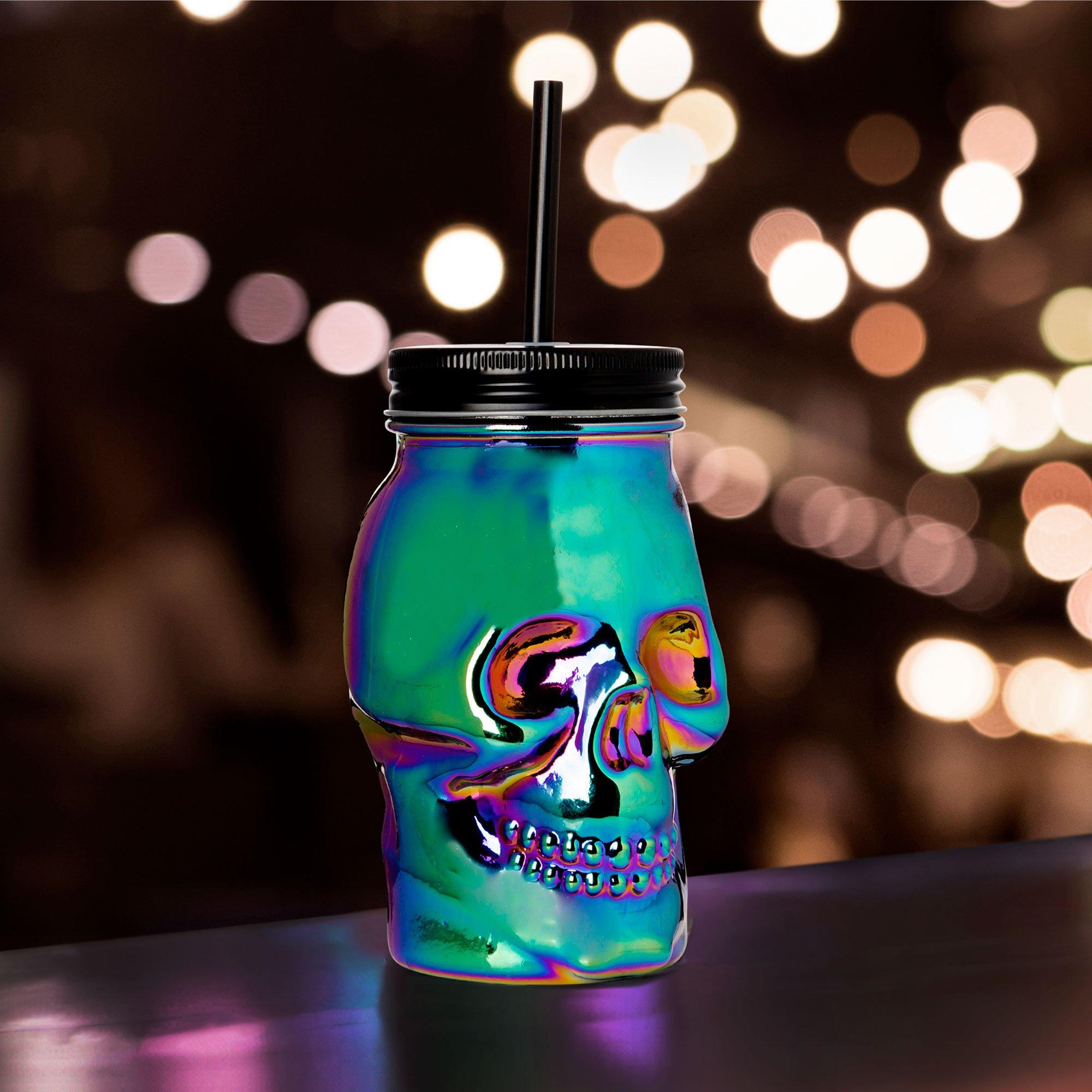 Iridescent Glass Skull Cup with Straw, 16.9oz