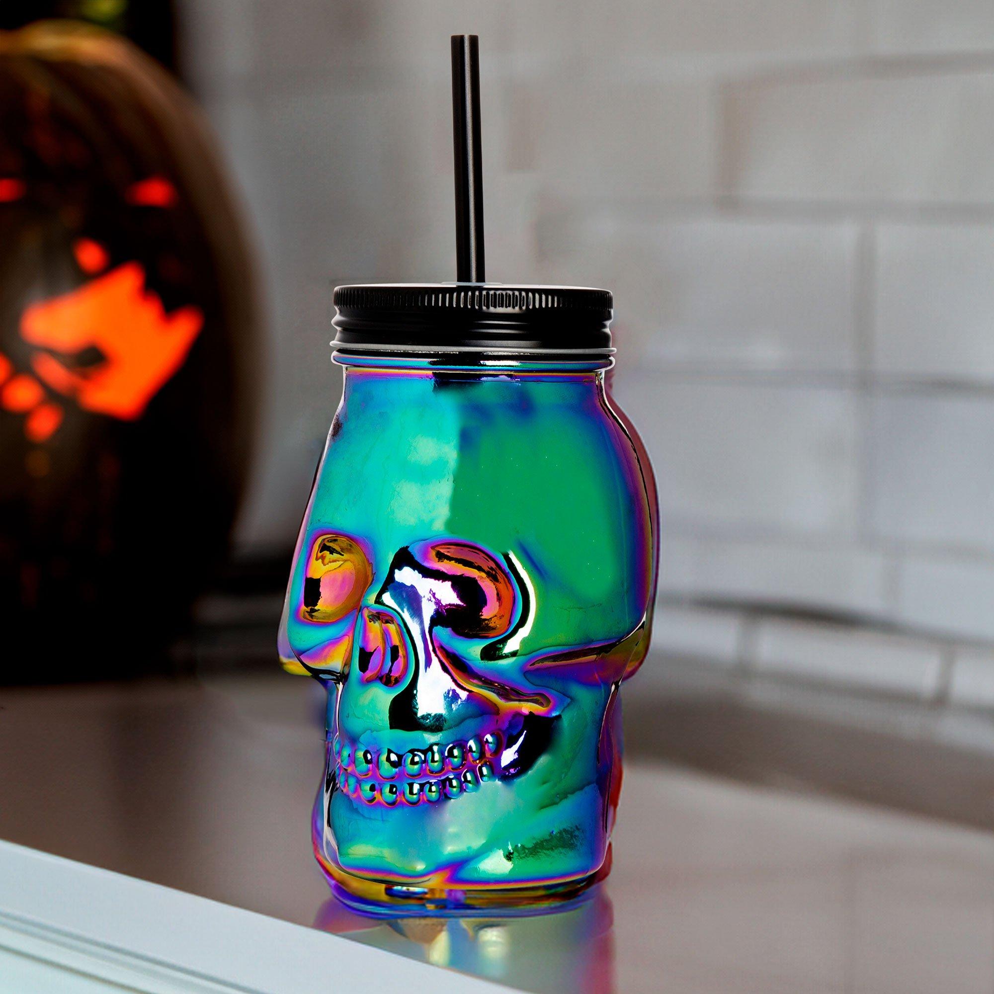 Iridescent Glass Skull Cup with Straw, 16.9oz