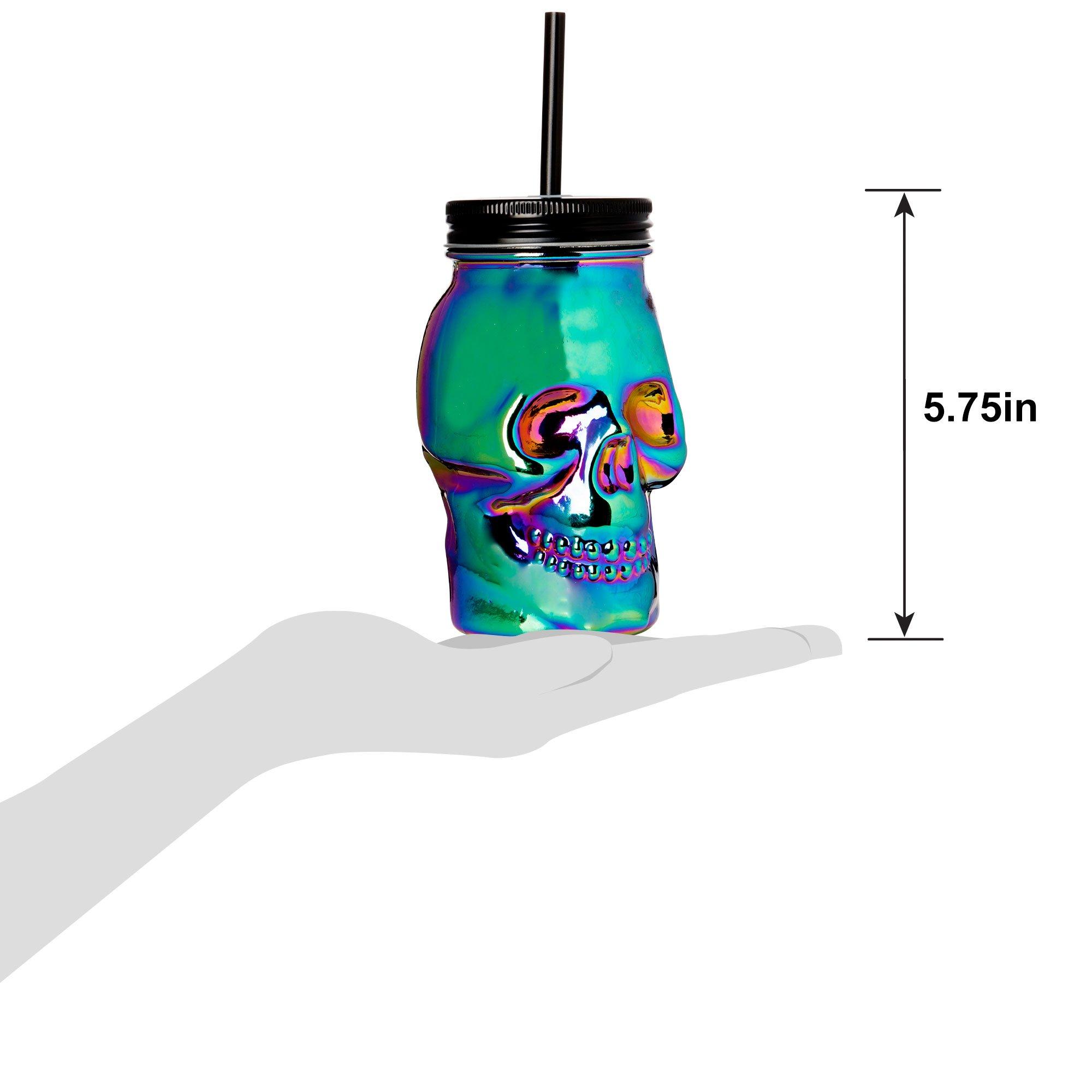 Iridescent Glass Skull Cup with Straw, 16.9oz