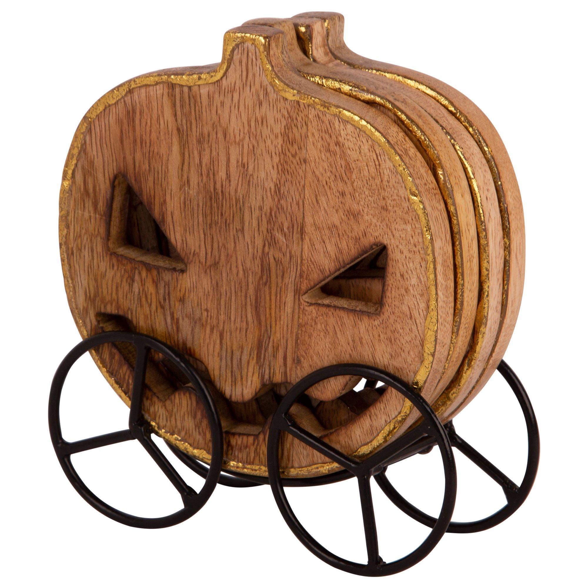 Pumpkin Mangowood Coaster Set with Iron Rack, 5pc