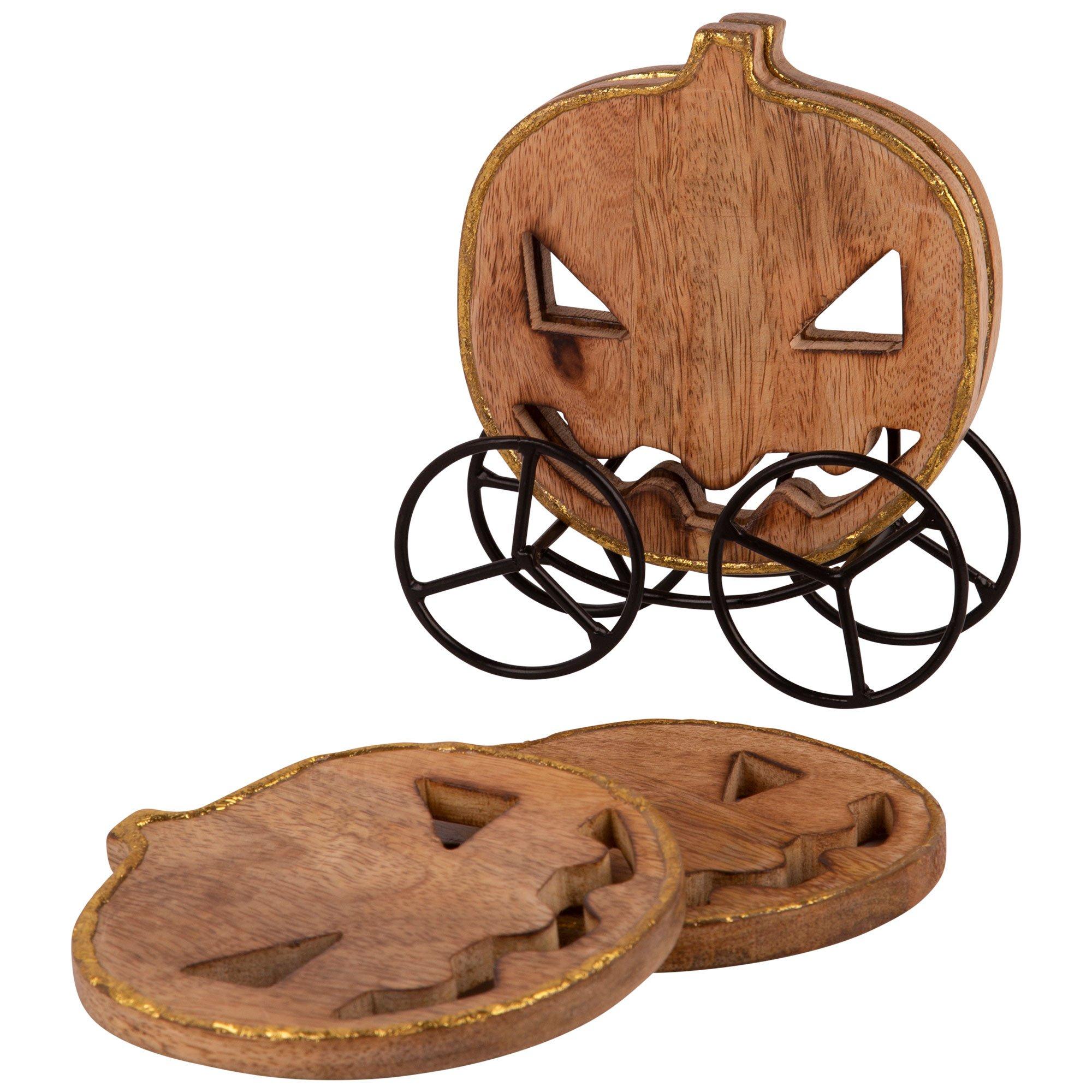 Pumpkin Mangowood Coaster Set with Iron Rack, 5pc