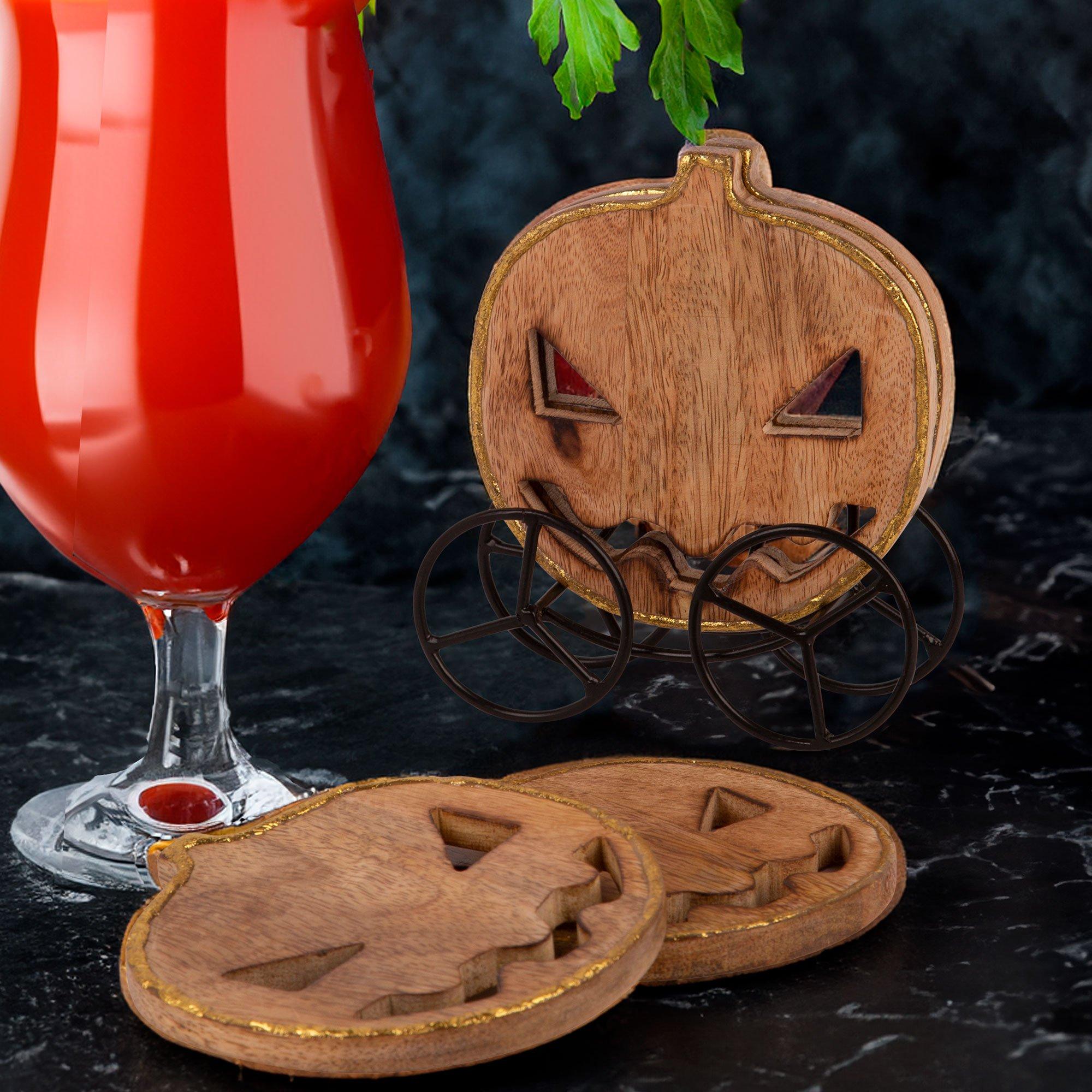 Pumpkin Mangowood Coaster Set with Iron Rack, 5pc