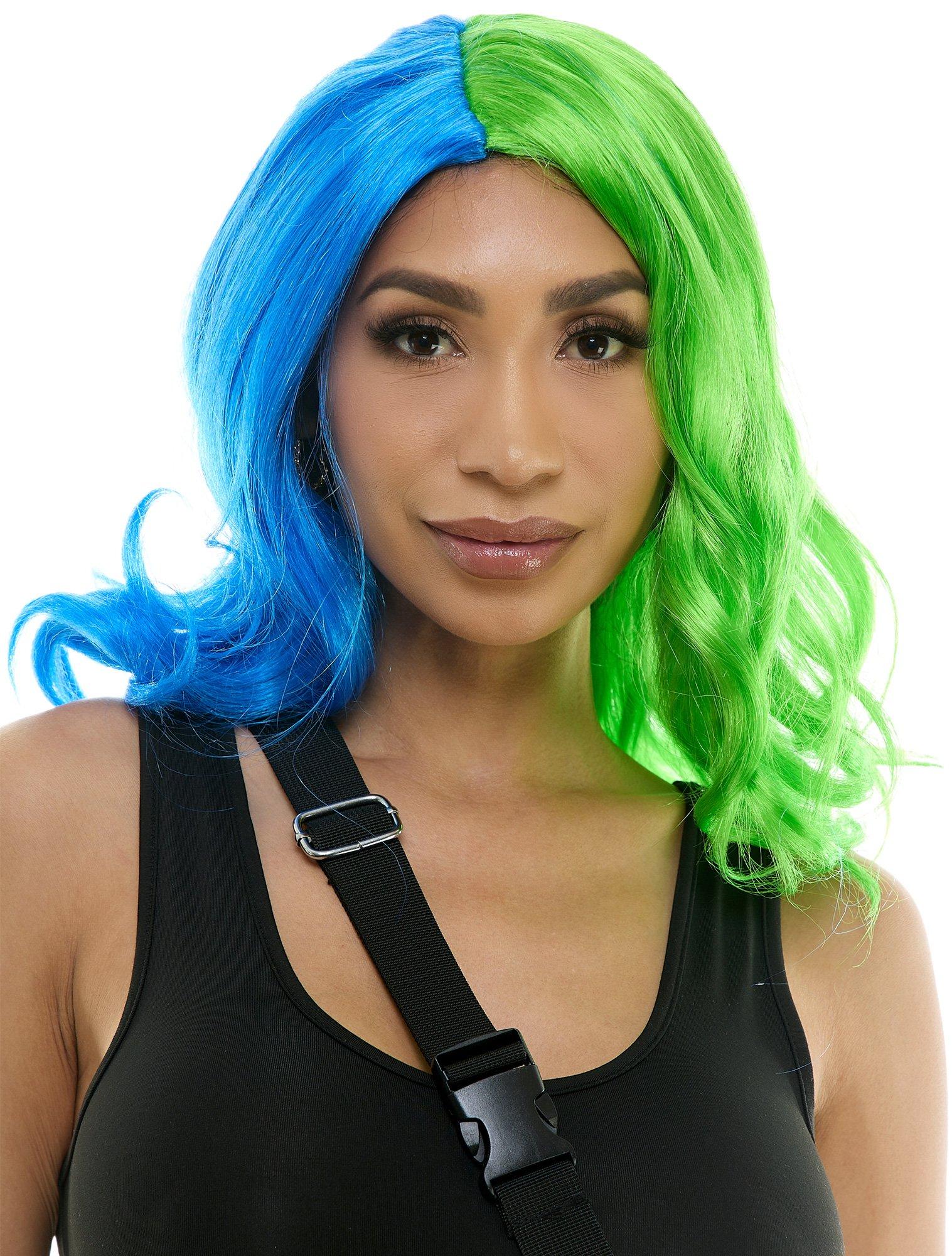 Blue & Green Split Dye Medium-Length Wavy Wig