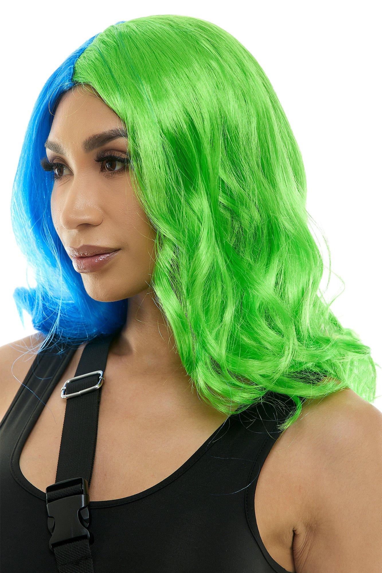 Blue & Green Split Dye Medium-Length Wavy Wig