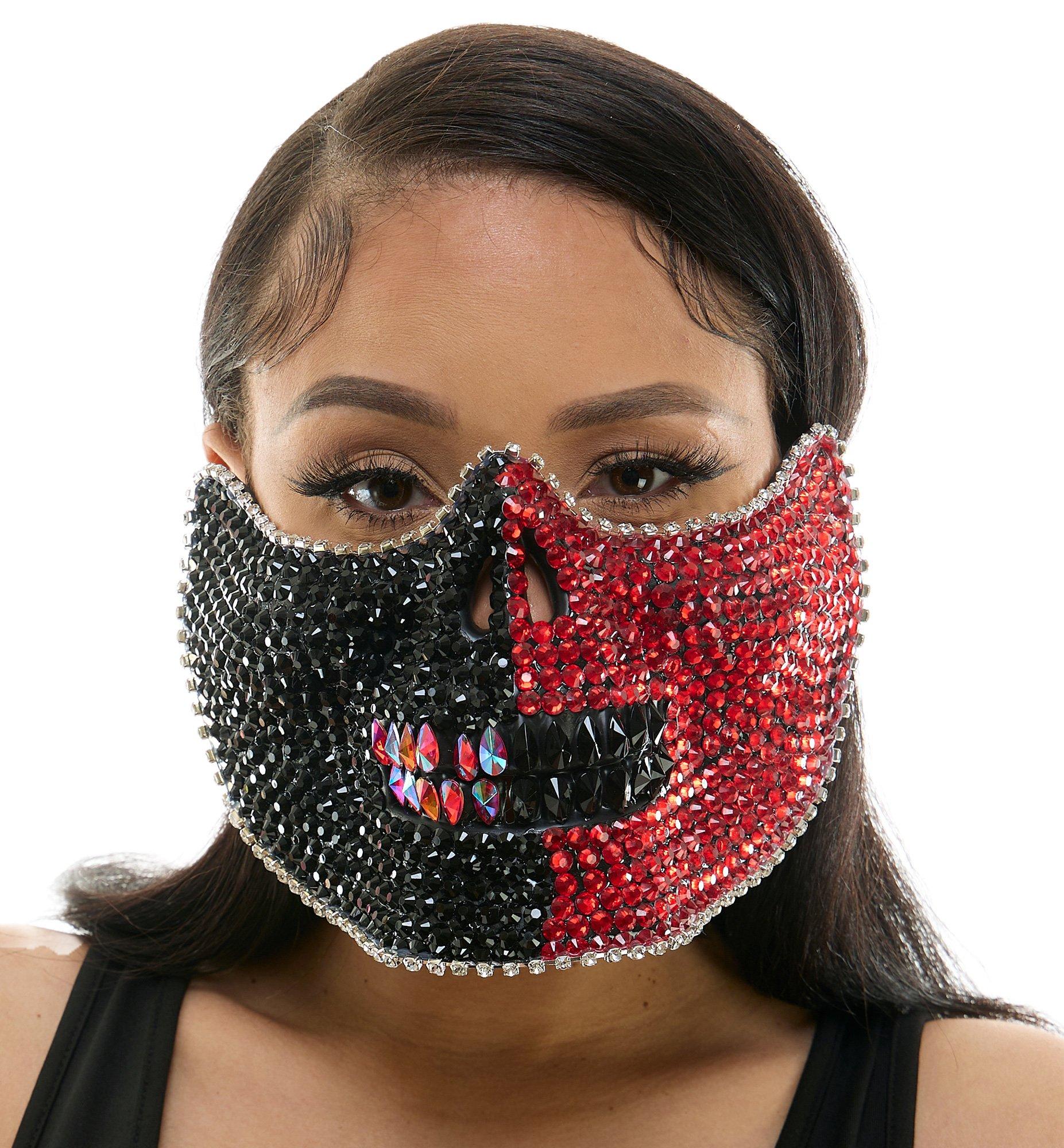 Adult Black & Red Rhinestone Skull Half Mask