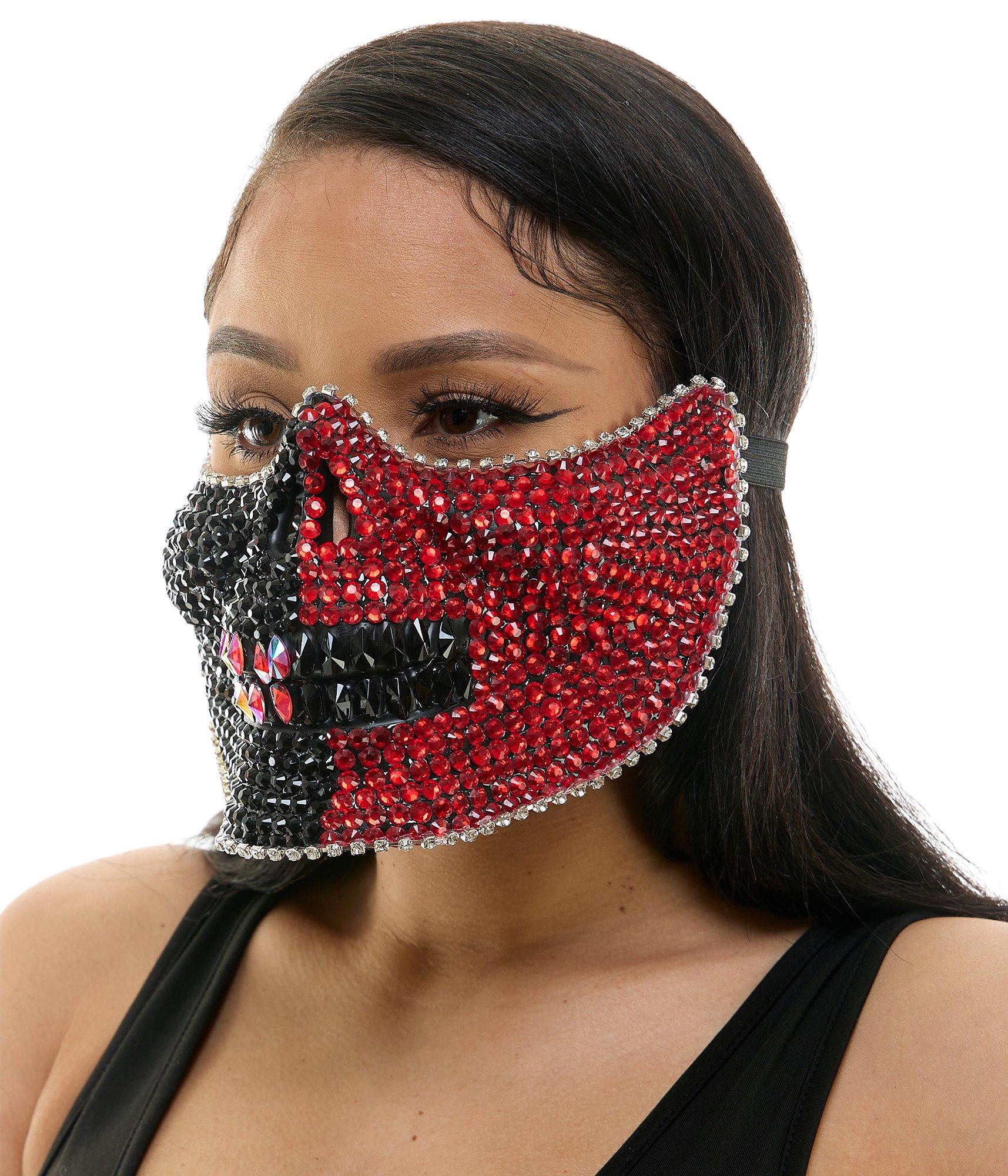 Adult Black & Red Rhinestone Skull Half Mask