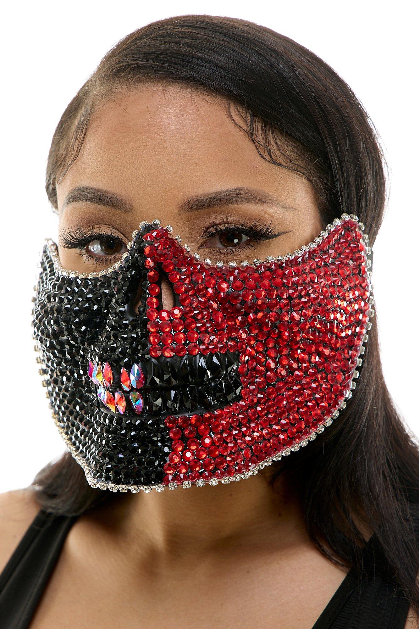 Adult Black & Red Rhinestone Skull Half Mask