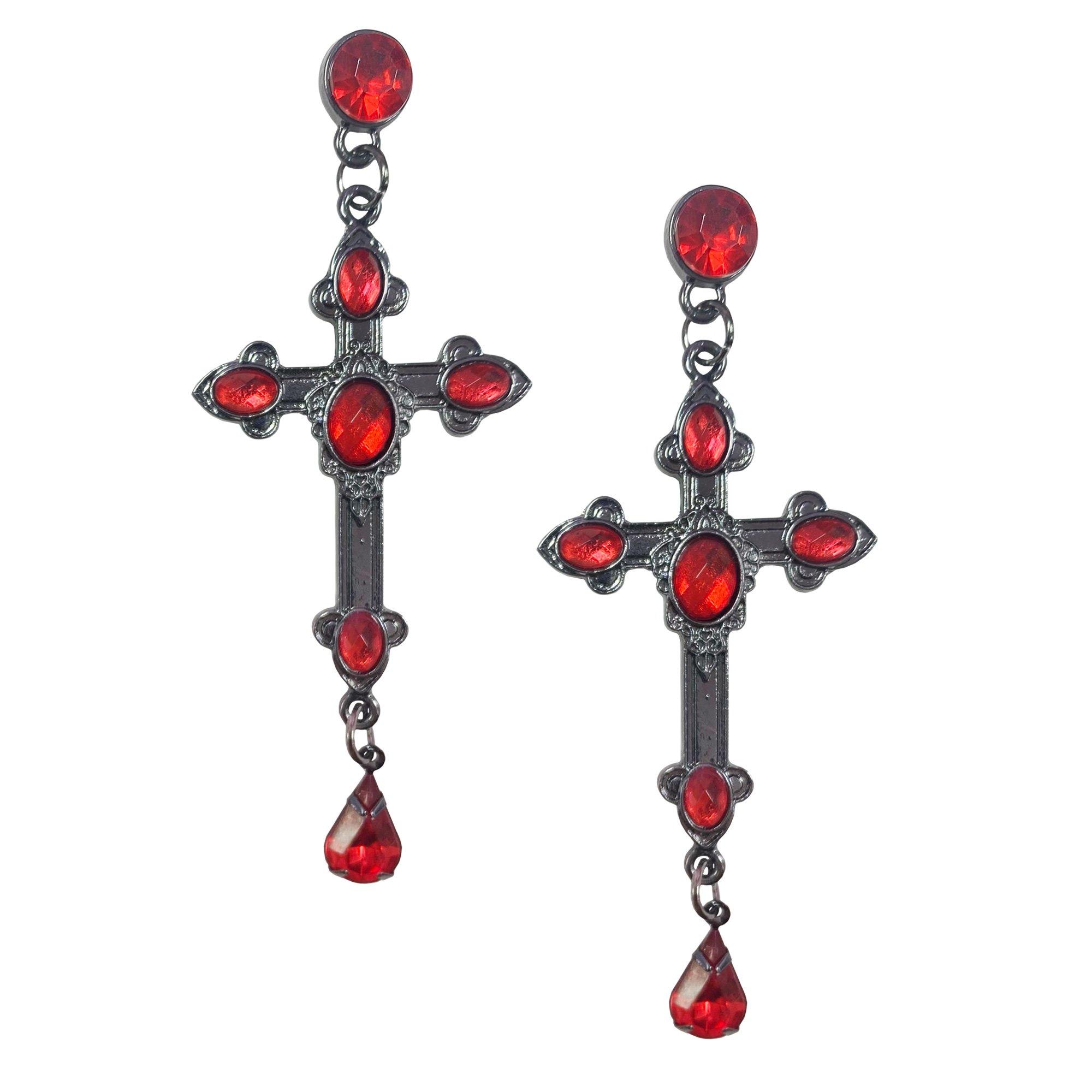 Red Gothic Cross Dangle Earrings