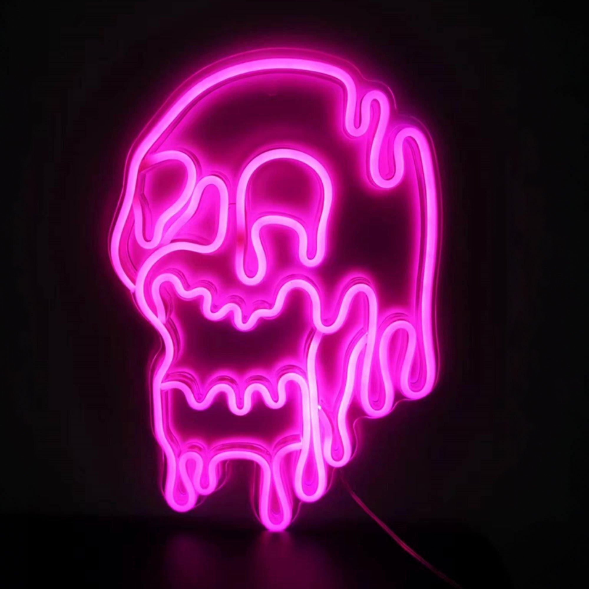 Light-Up Dripping Pink Skull Faux-Neon Sign, 9.8in x 14.5in