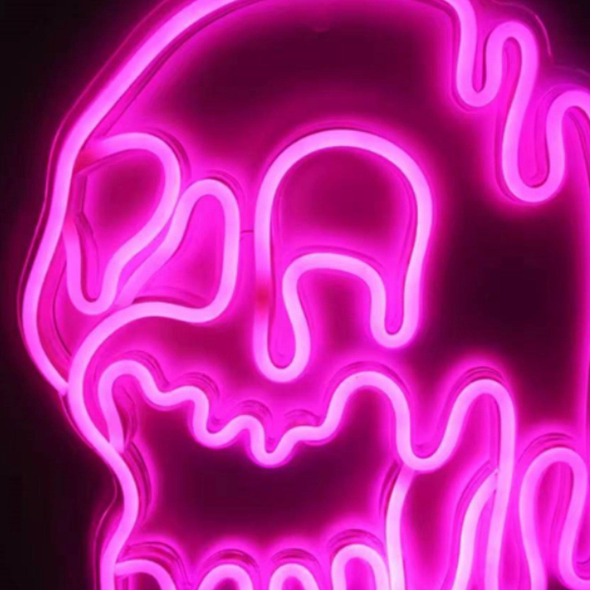 Light-Up Dripping Pink Skull Faux-Neon Sign, 9.8in x 14.5in