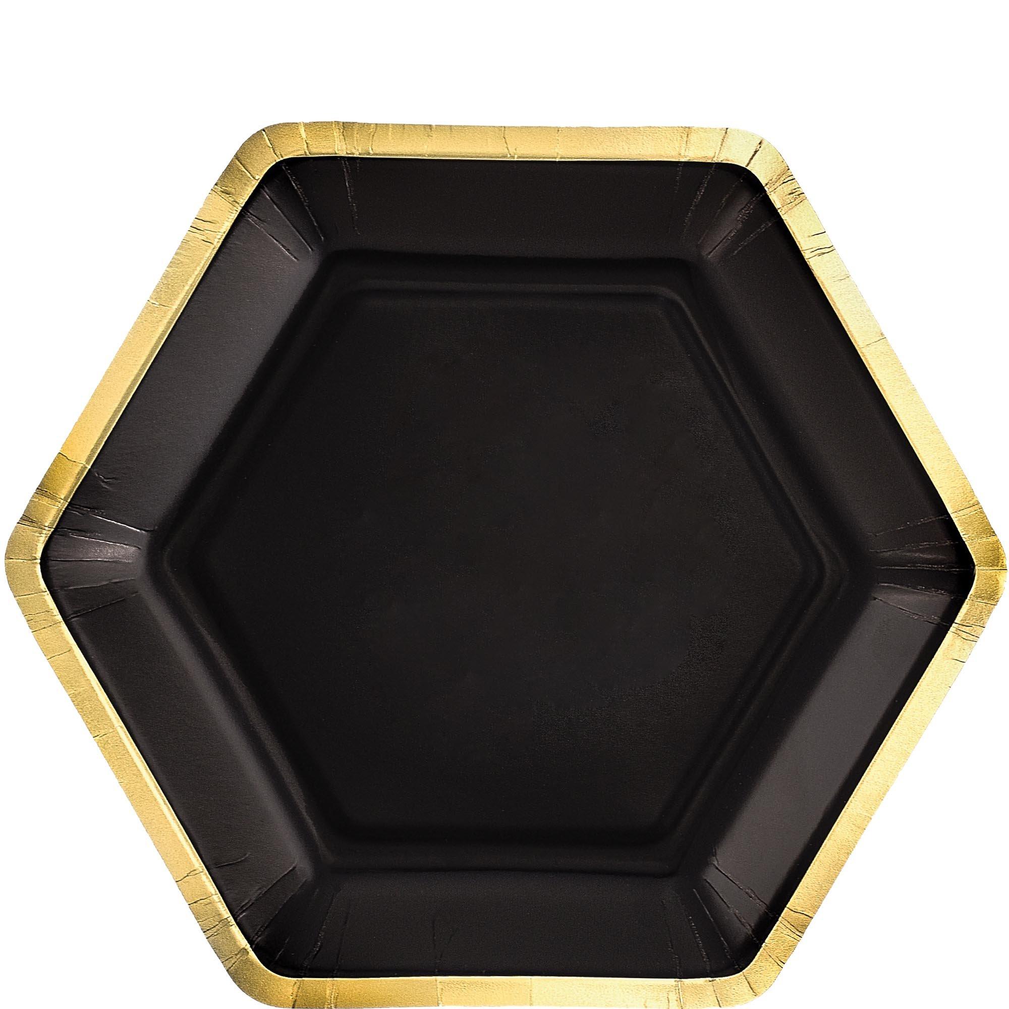 Black Metallic Gold-Trimmed Hexagonal Paper Lunch Plates, 9in, 8ct