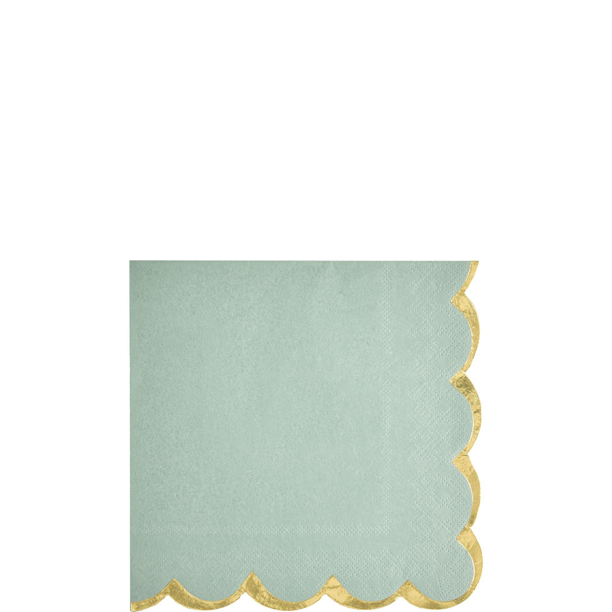 Sage Green Metallic Gold-Trimmed Scalloped Paper Beverage Napkins, 5in, 16ct