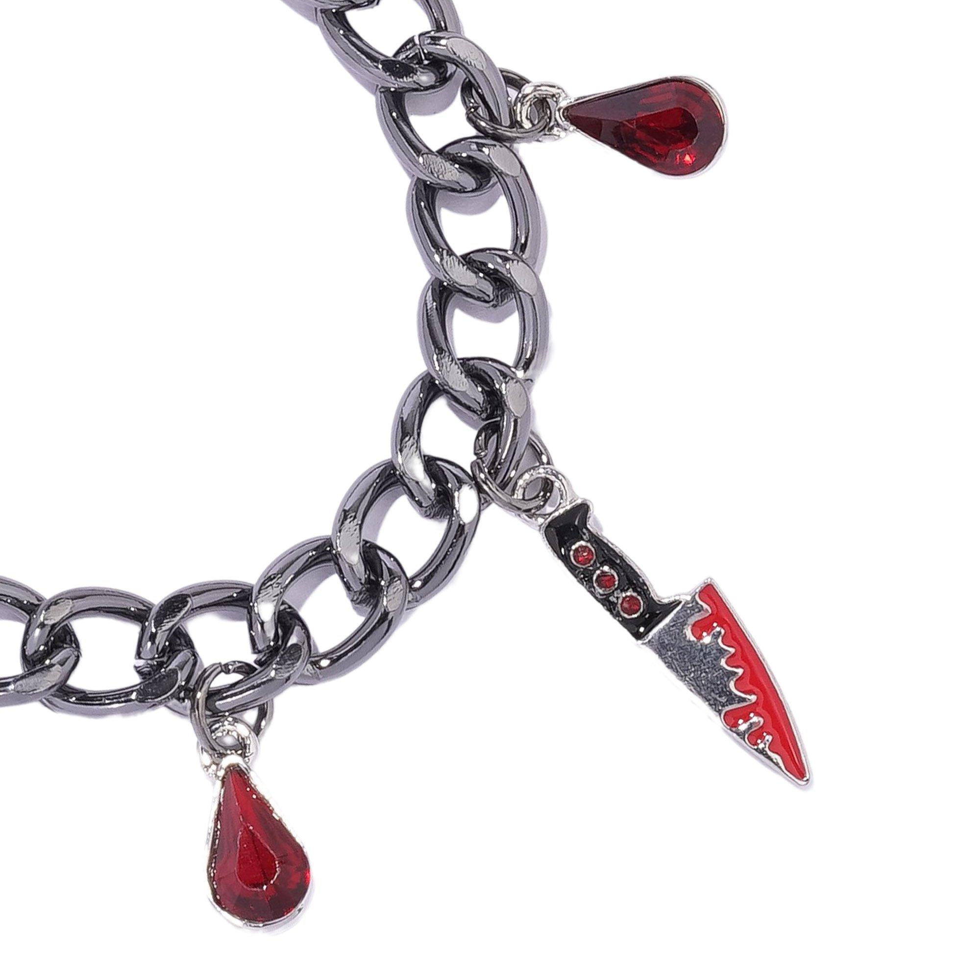 Skeleton, Knife & Rhinestone Blood Drip Charm Bracelet