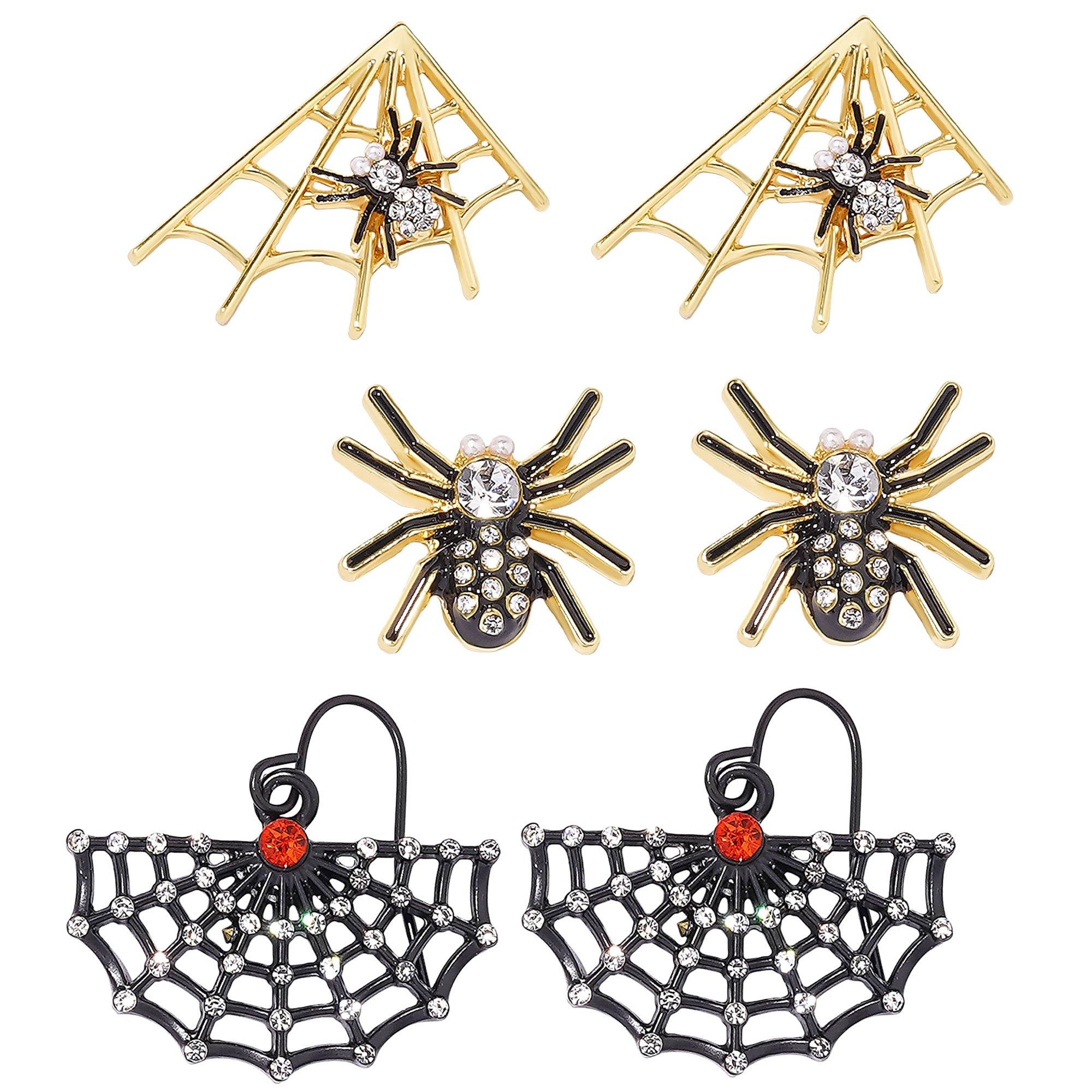 Rhinestone Gold & Black Spider Earring Set, 3pc