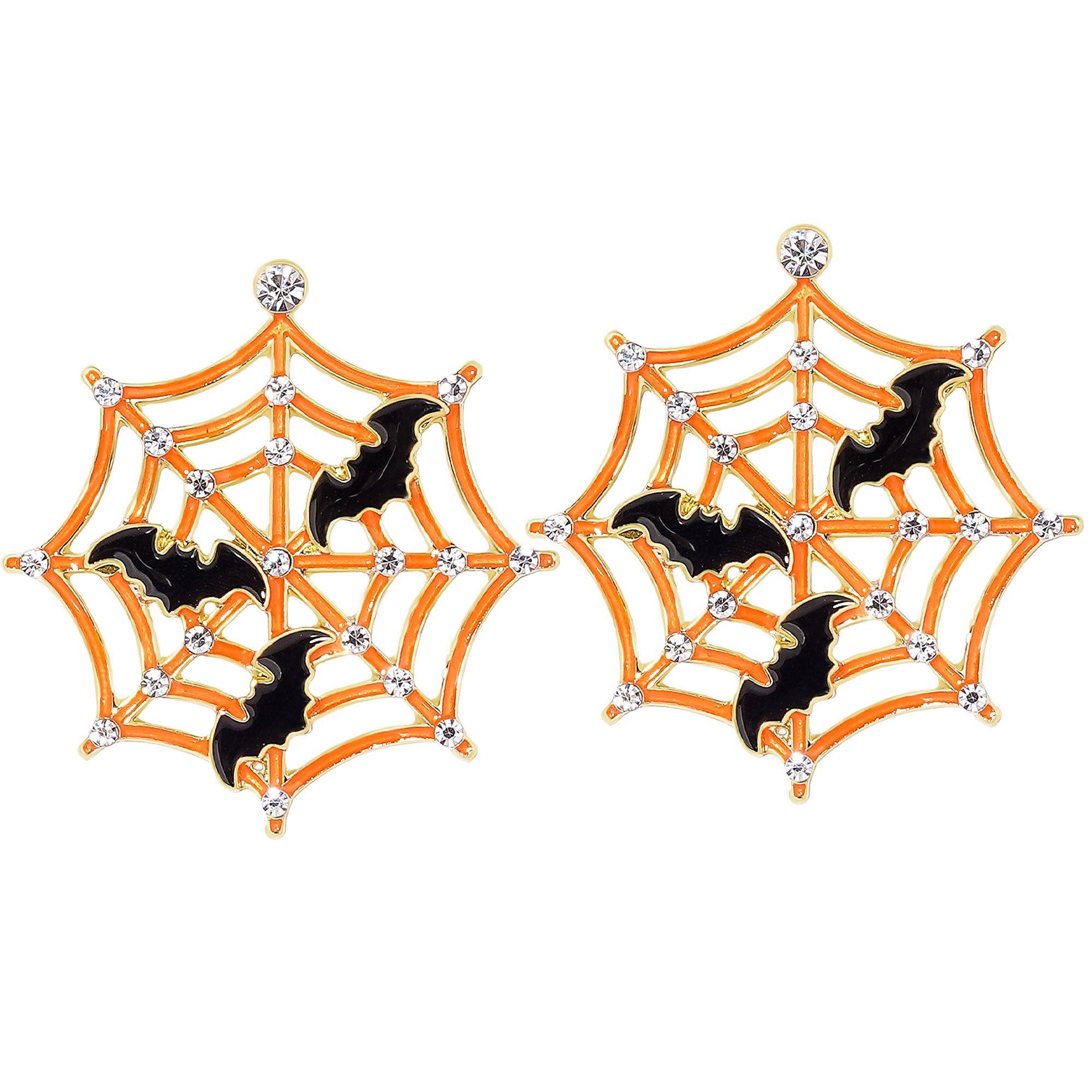 Glow-in-the-Dark Orange Spiderweb & Black Bat Earrings