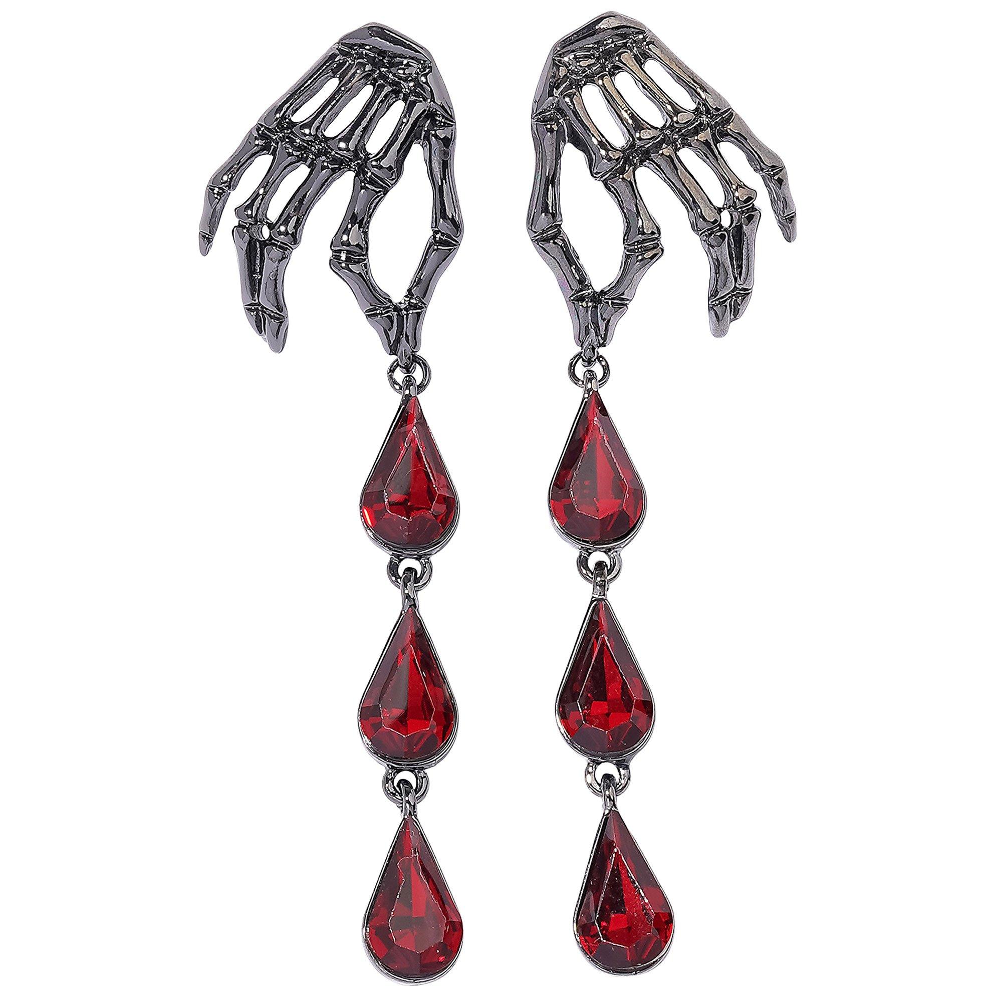 Rhinestone Skeleton Hand & Blood Drip Earrings