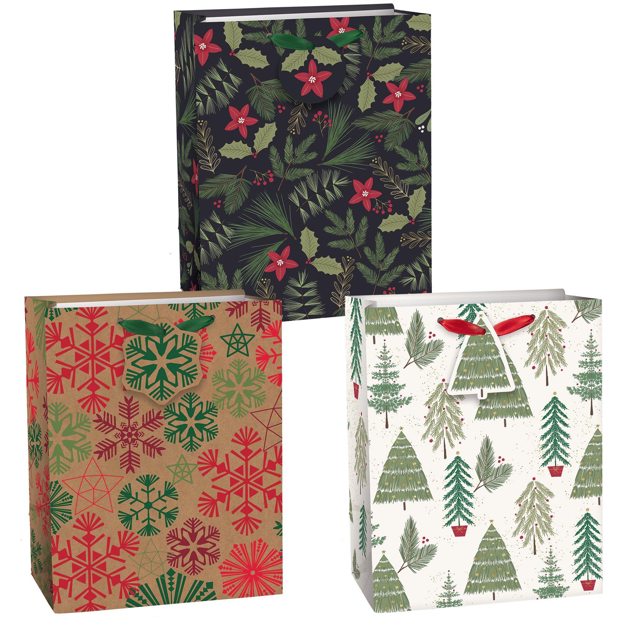 Evergreen, Tree & Snowflake Paper Gift Bag Set, 3pc