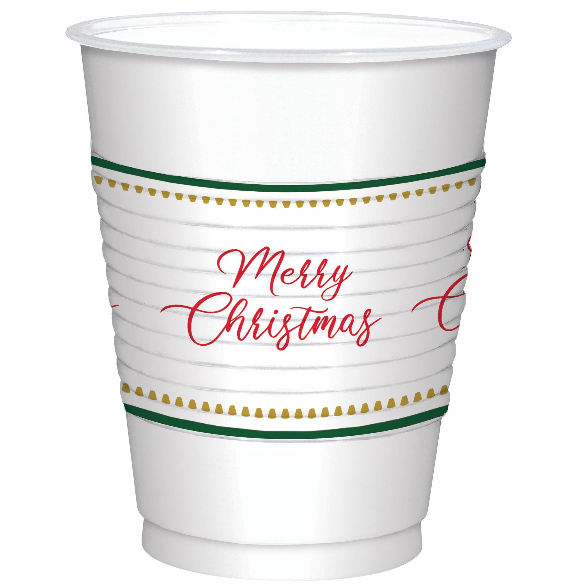 Elegant Evergreen Merry Christmas Plastic Cups, 18oz, 25ct